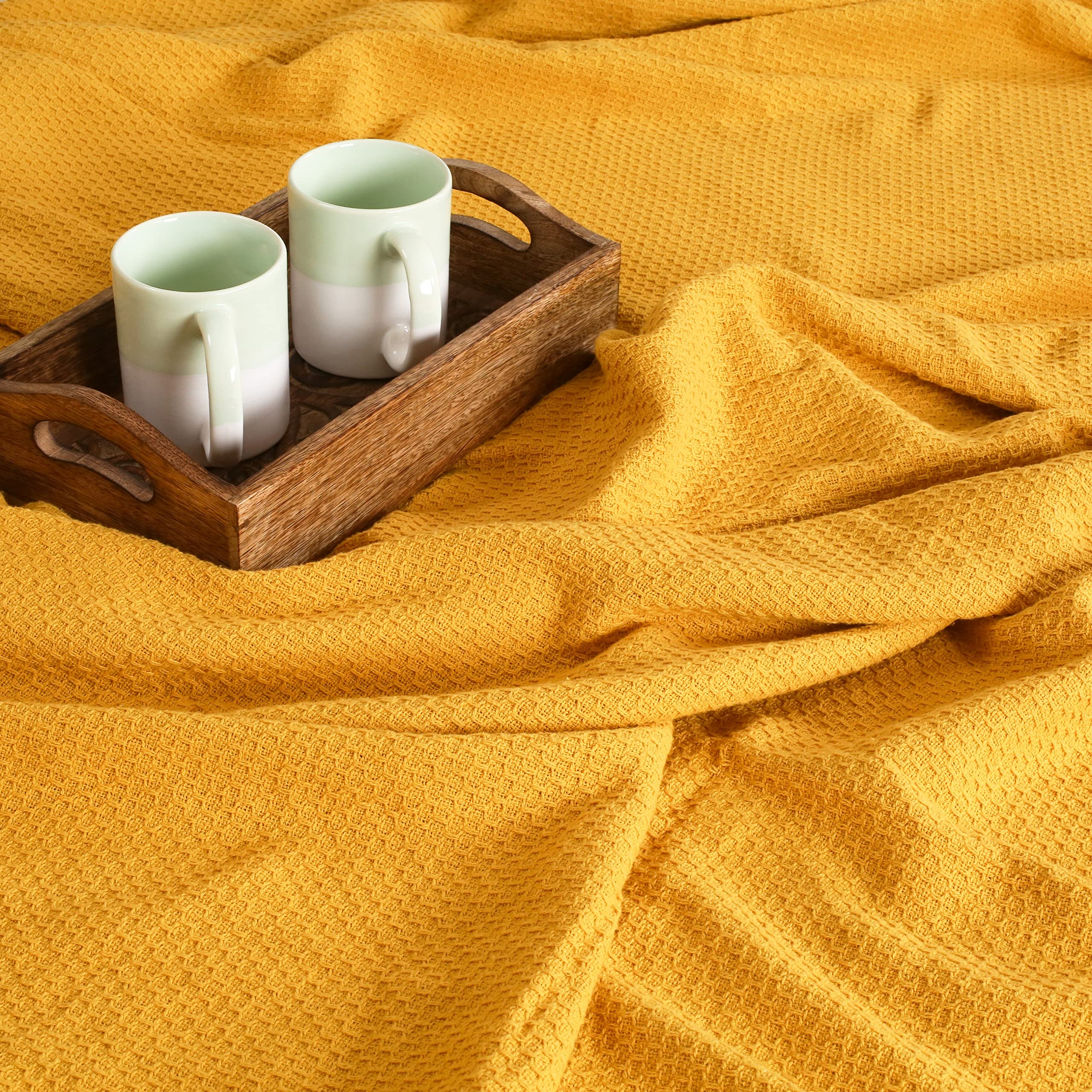 BOUTIQUO 100% Cotton Honeycomb Waffle Blanket - Breathable Thermal Bed Blanket for All Seasons, Full/Queen Size 90'x90', Soft & Cozy Mustard Yellow - Perfect for Layering on Beds, Sofas, or as a Cozy Throw for Chilly Evenings