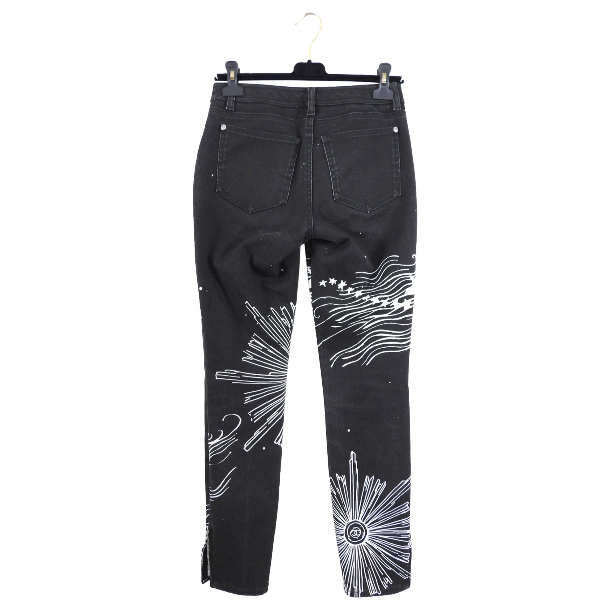 Chanel 22C Black and White Starburst Zodiac Slim Jeans Women's High Waist Skinny Pants FR36 Size 6 - Perfect for Casual Wear, Night Out & Fashion Street Style
