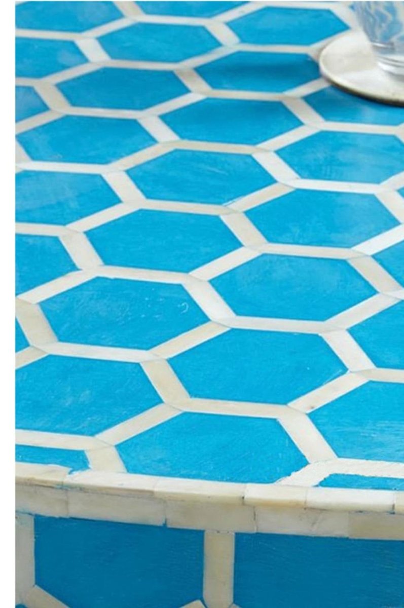 Handmade Bone Inlay Round Coffee Table with Honeycomb Design - Blue Boho Chic Home Decor for Living Room, Lounge & Office