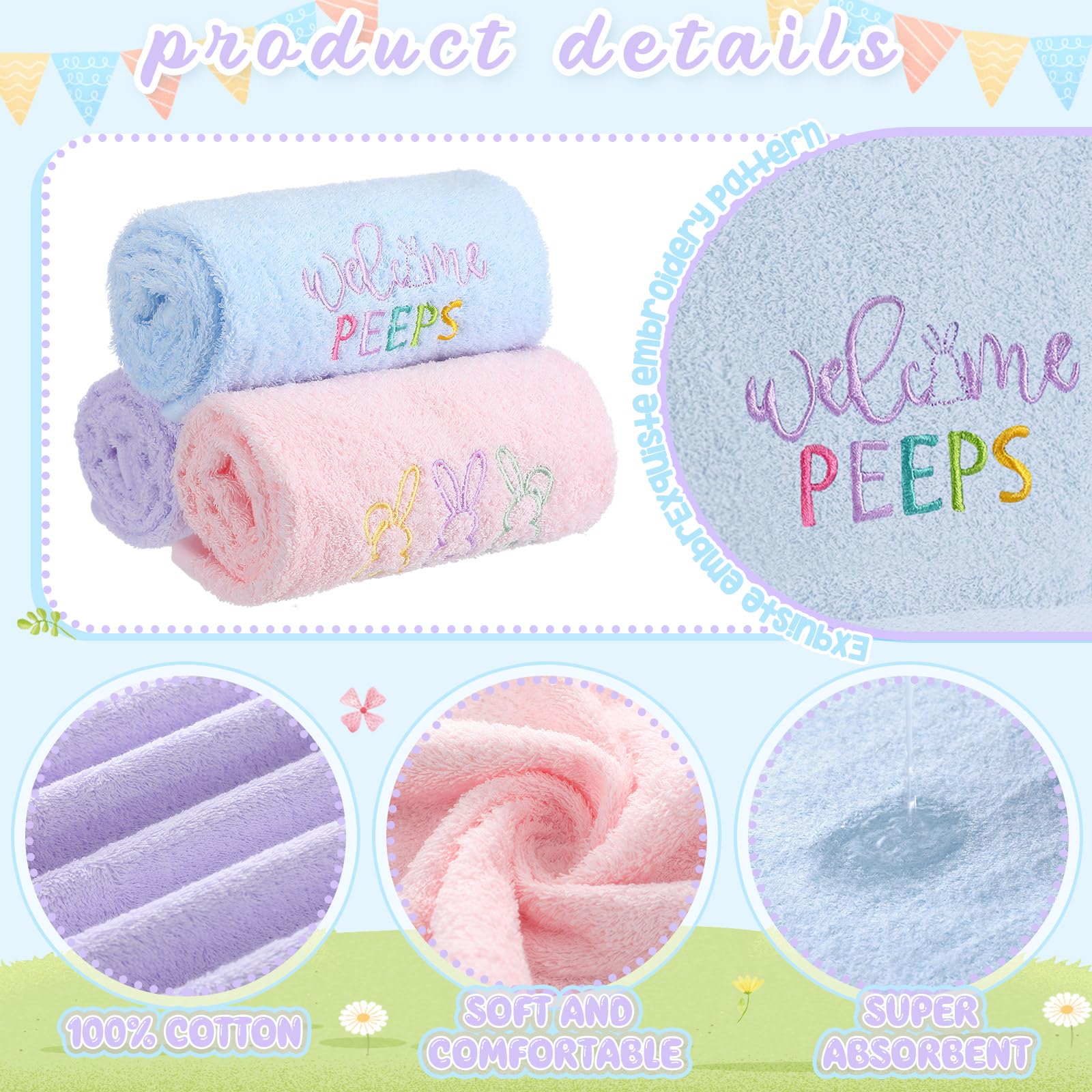 3 Pack Easter Hand Towels - 13.4 x 29.2 Inch Cotton Embroidered Happy Easter Bunny Kitchen & Bathroom Towels - Absorbent Decorative Hand Towels for Drying, Cleaning, Gift Giving - Perfect for Easter Decor, Spring Home Decor & Holiday Hostess Gifts