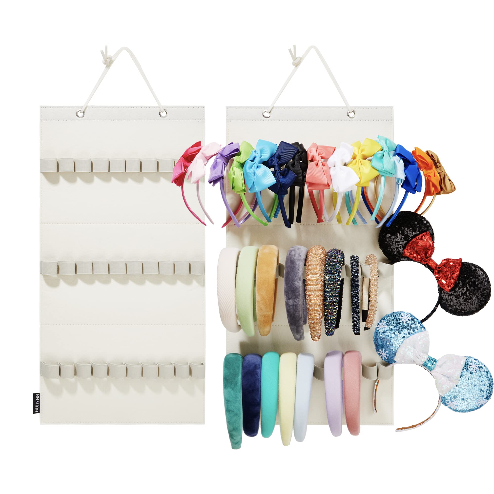 30-Loop Hanging Headband Organizer for Women & Girls - Wall-Mounted Elastic Headband Holder Display - Space-Saving Home Storage Solution for Hair Accessories (Beige) - Perfect for Bedroom, Bathroom & Closet Organization