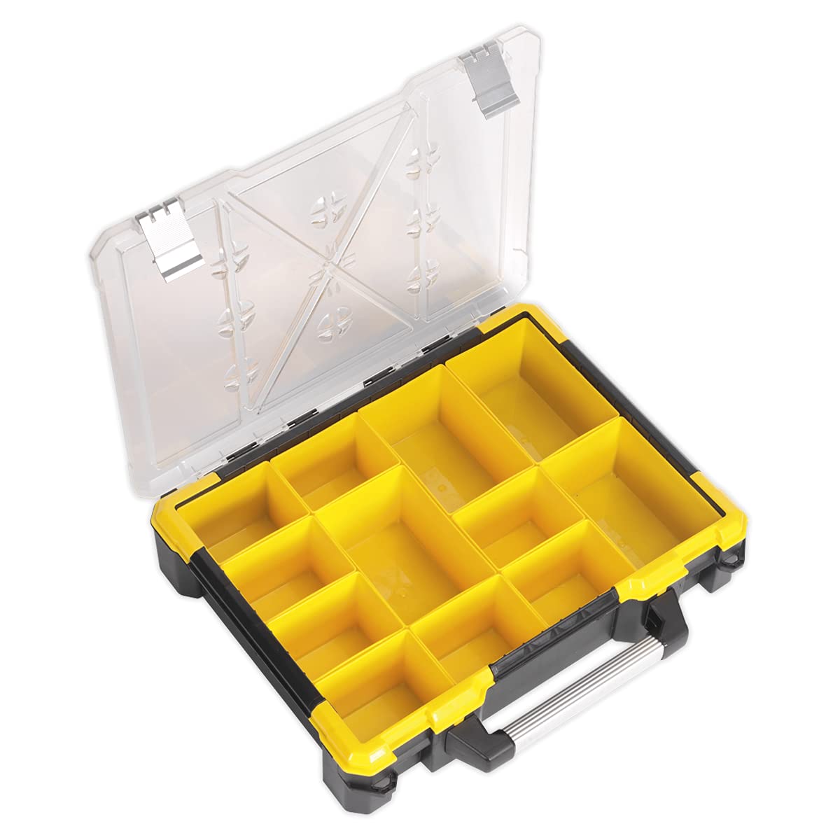 Sealey APAS12R 12-Compartment Plastic Tool Organizer Box - Durable Storage Case for Small Parts, Hardware, Nails & Screws - Perfect for Garage, Workshop & DIY Projects