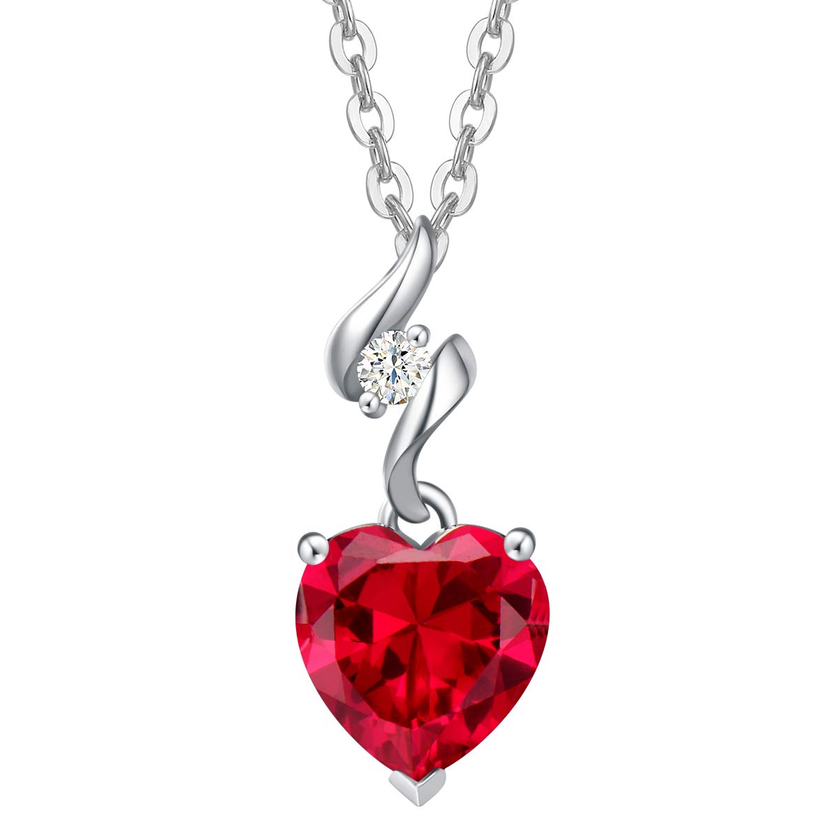 14K Solid White Gold Diamond & Gemstone Heart Pendant Necklace with Sterling Silver Chain - 8mm Birthstone Jewelry for Women, Perfect Anniversary & Birthday Gift for Mom, Wife - Ideal for Weddings, Parties & Special Occasions
