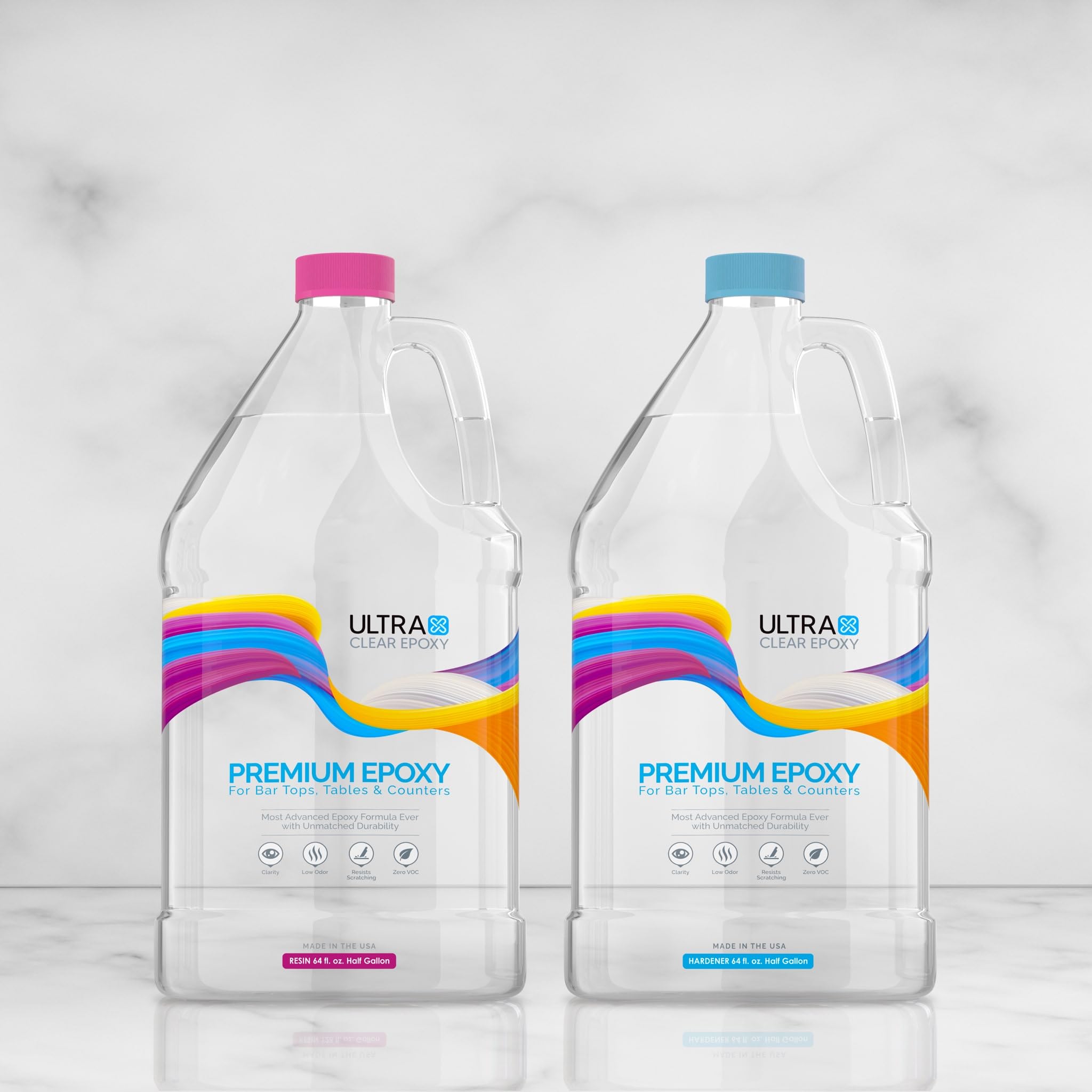 Premium Ultra Clear Epoxy Resin Kit with Hardener - Scratch Resistant, Crystal Clear Gloss Finish, Low Odor for DIY Projects - Perfect for Bar Tops, Dining Tables, Countertops, Woodworking & Art Resin Casting (1 Gallon Total, 64oz Each)