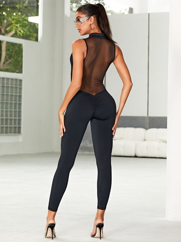 ZASUWA Women's Sexy Sheer Mesh Deep V Back Zipper Jumpsuit with Scrunch Bum - Perfect for Night Out, Club Wear & Party Outfits