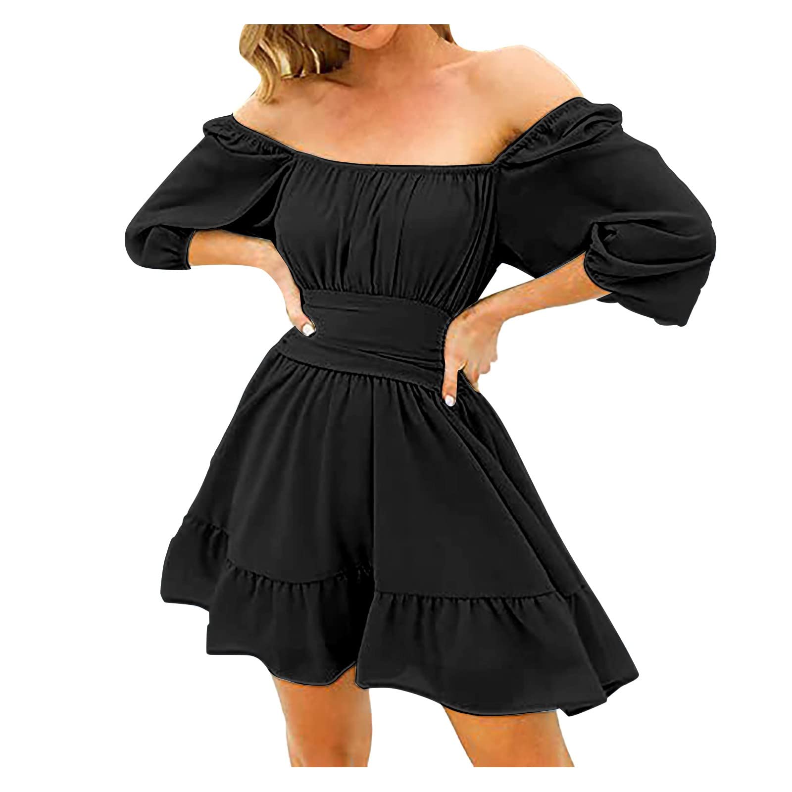 2022 Women's Summer Chiffon Dress - Lantern Sleeve, Straight Neck & Ruffle Back Slim Fit Midi Dress (Black, Size M) | Perfect for Beach Vacations, Date Nights & Summer Parties