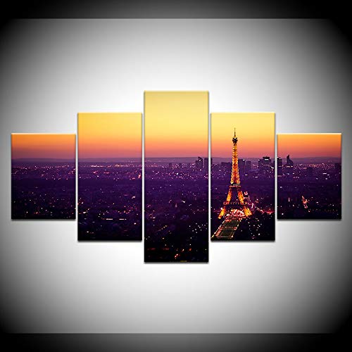 5-Piece Canvas Wall Art Set - Paris Tower Dusk Night Multi Panel Painting for Living Room & Home Decor - Framed Wall Art for Bedroom, Office & Dining Room