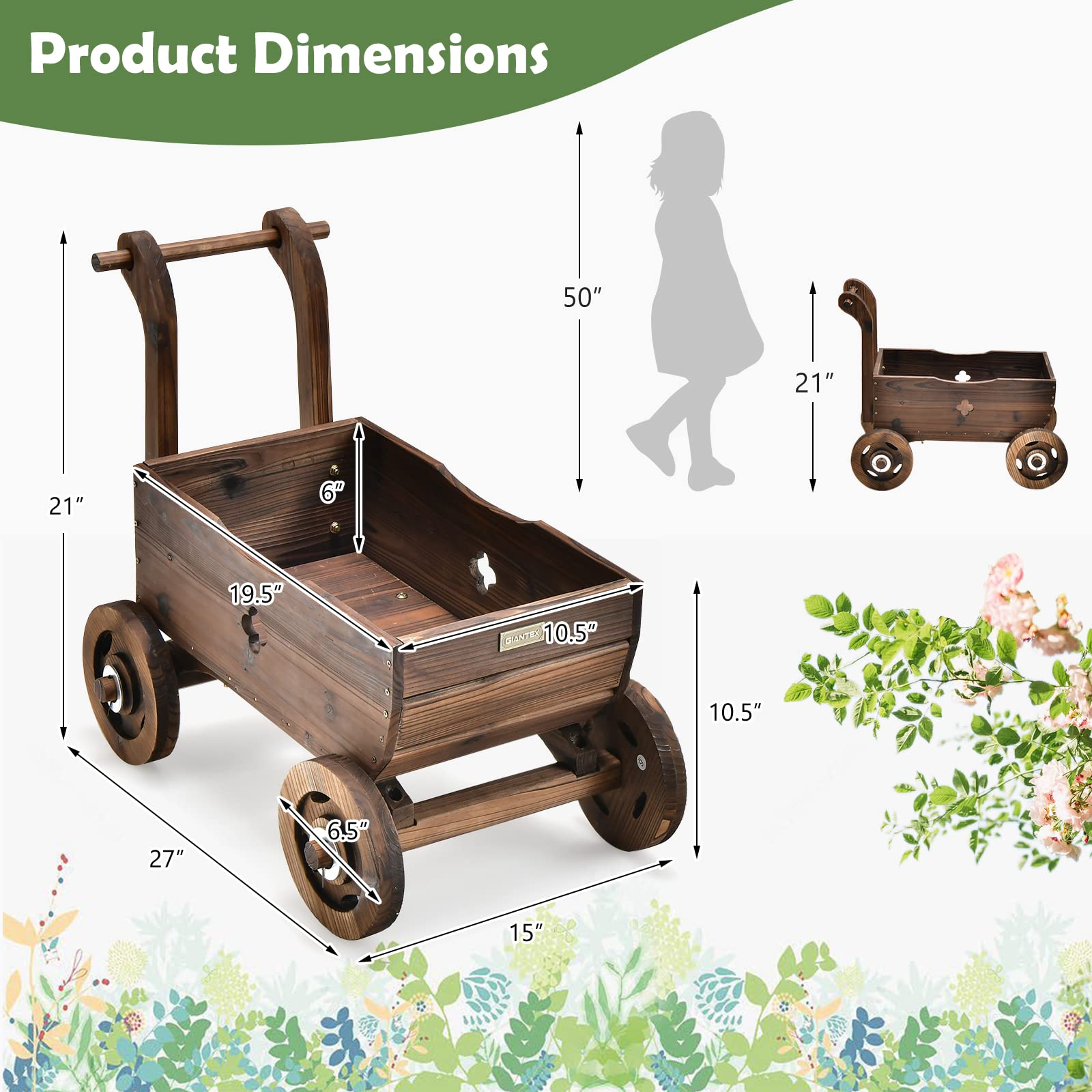 Giantex Wooden Wagon Planter with Wheels & Handle - Rustic Mobile Raised Garden Bed with Drainage Holes - Decorative Flower Pot Cart for Indoor Outdoor Patio Balcony Decor - Perfect for Herbs Flowers Succulents in Home Garden Landscaping