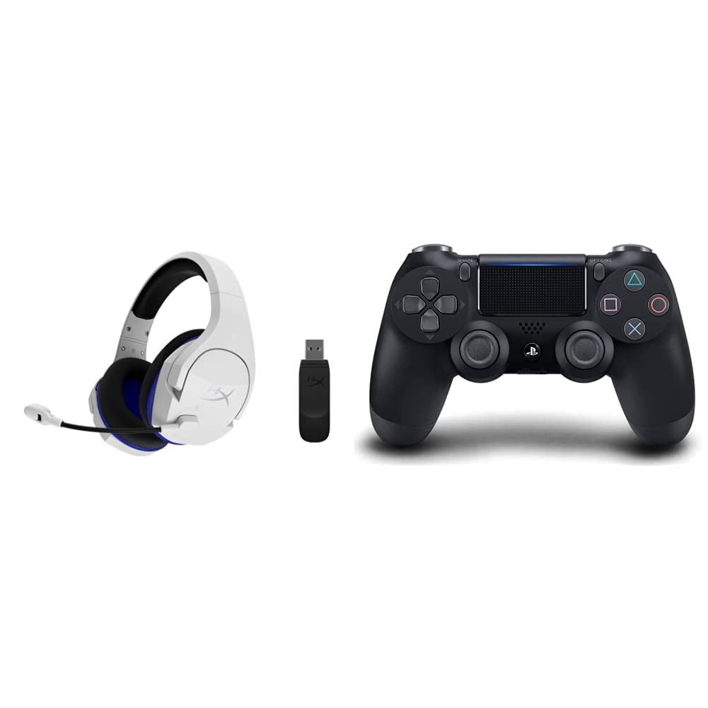 HyperX Cloud Stinger Core Wireless Gaming Headset - White & DualShock 4 PS4 Wireless Controller - Jet Black | Comfortable Gaming Headphones & Precise Gamepad for PC, PS4, Xbox & Mobile Gaming