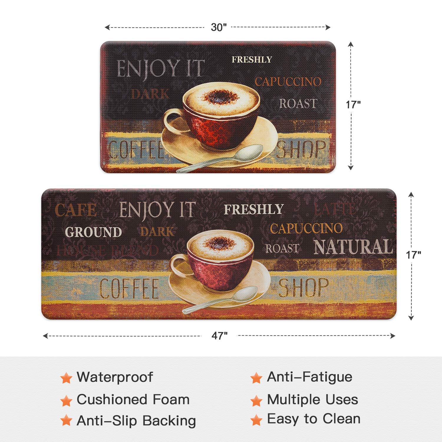 ROSMARUS 2-Piece Coffee Kitchen Rug Set - Cushioned Anti-Fatigue, Waterproof, Easy to Clean Floor Mats for Comfortable Standing - Perfect for Kitchens, Coffee Shops, and Home Bars