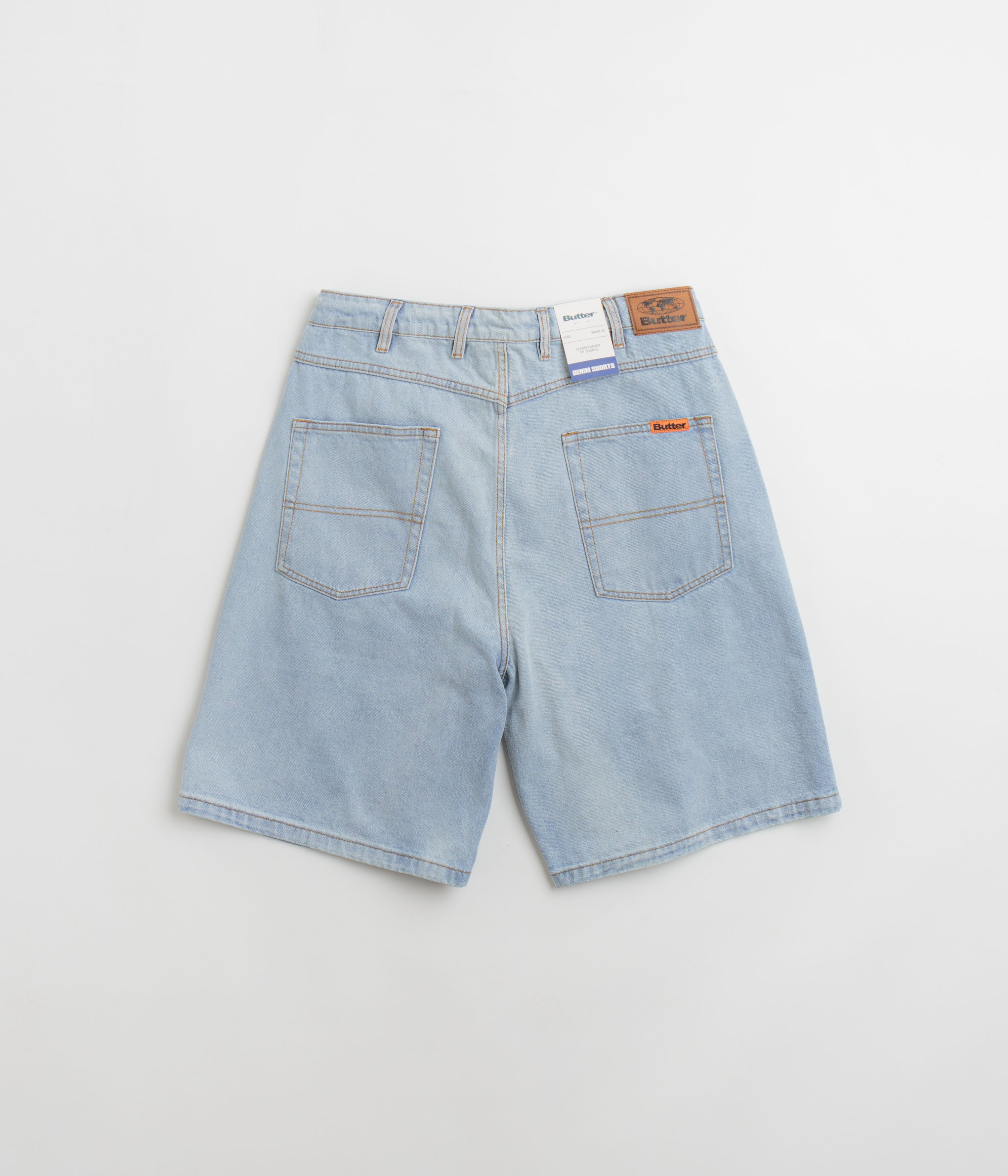 Butter Goods Baggy Denim Shorts for Men - Light Blue Washed Distressed Denim Shorts | Casual Streetwear, Summer Outfits, Beach Style