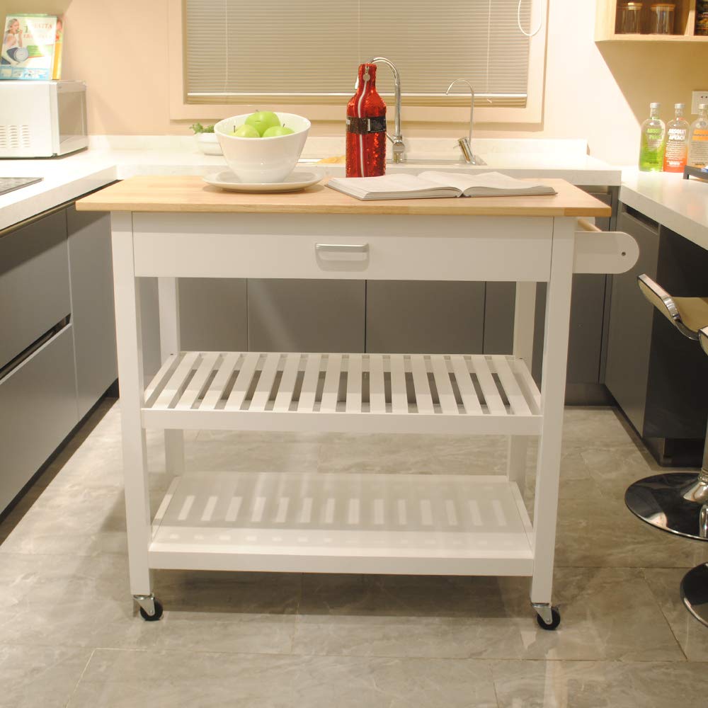 Goujxcy White Kitchen Island on Wheels with Storage, Rolling Kitchen Cart with Lockable Casters, Adjustable Shelves, Drawers & Cabinets - Perfect for Small Kitchens, Dining Rooms & Home Office Spaces