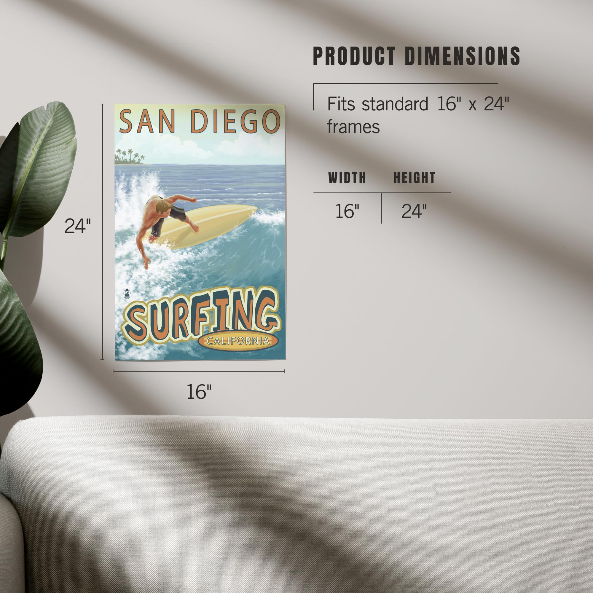 Lantern Press 16x24 Inch Giclee Art Print - San Diego California Coastal Surfing Tropical Wall Decor | Perfect for Beach House, Living Room & Office Decor