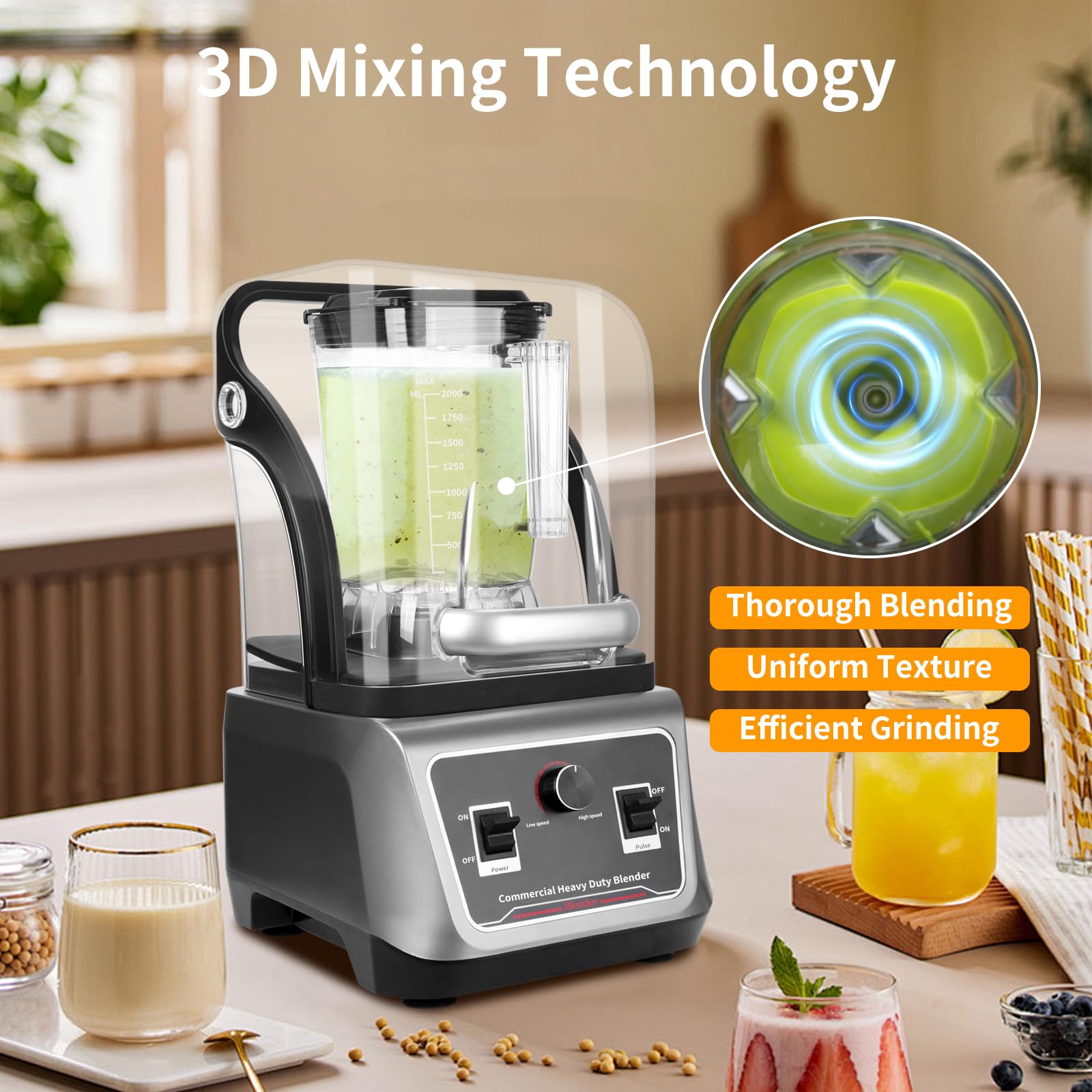 2200W Commercial Blender with Soundproof Shield - 70oz Heavy Duty Professional Blender - Self-Cleaning & Ultra Quiet - Perfect for Smoothie Bars, Restaurants & Home Kitchens