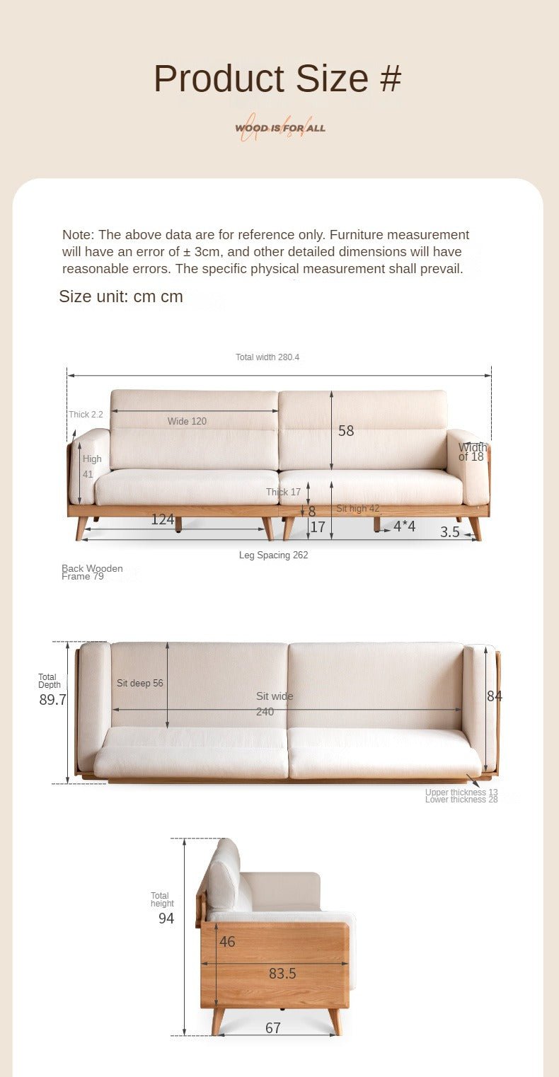 Modern Oak Solid Wood Upholstered Fabric Sofa - Stylish & Durable Living Room Furniture for Home, Office, or Lounge
