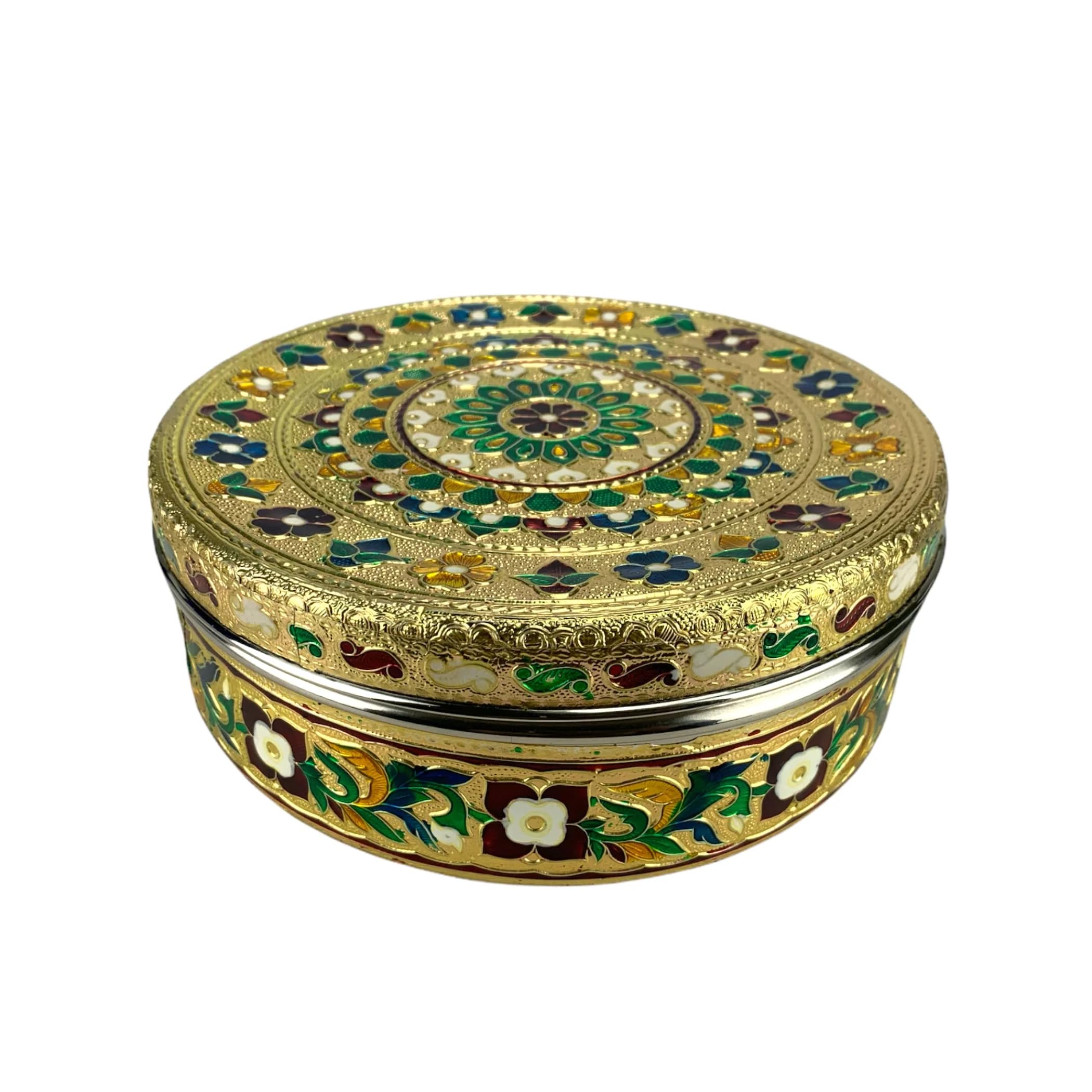 LoveNspire 7.5 Inch Stainless Steel Decorative Roti Papad Box - Meenakari Design Multipurpose Storage Container for Sweets, Spices, Laddus - Unique Gift for Guests - Perfect for Indian Kitchens, Weddings & Festive Celebrations