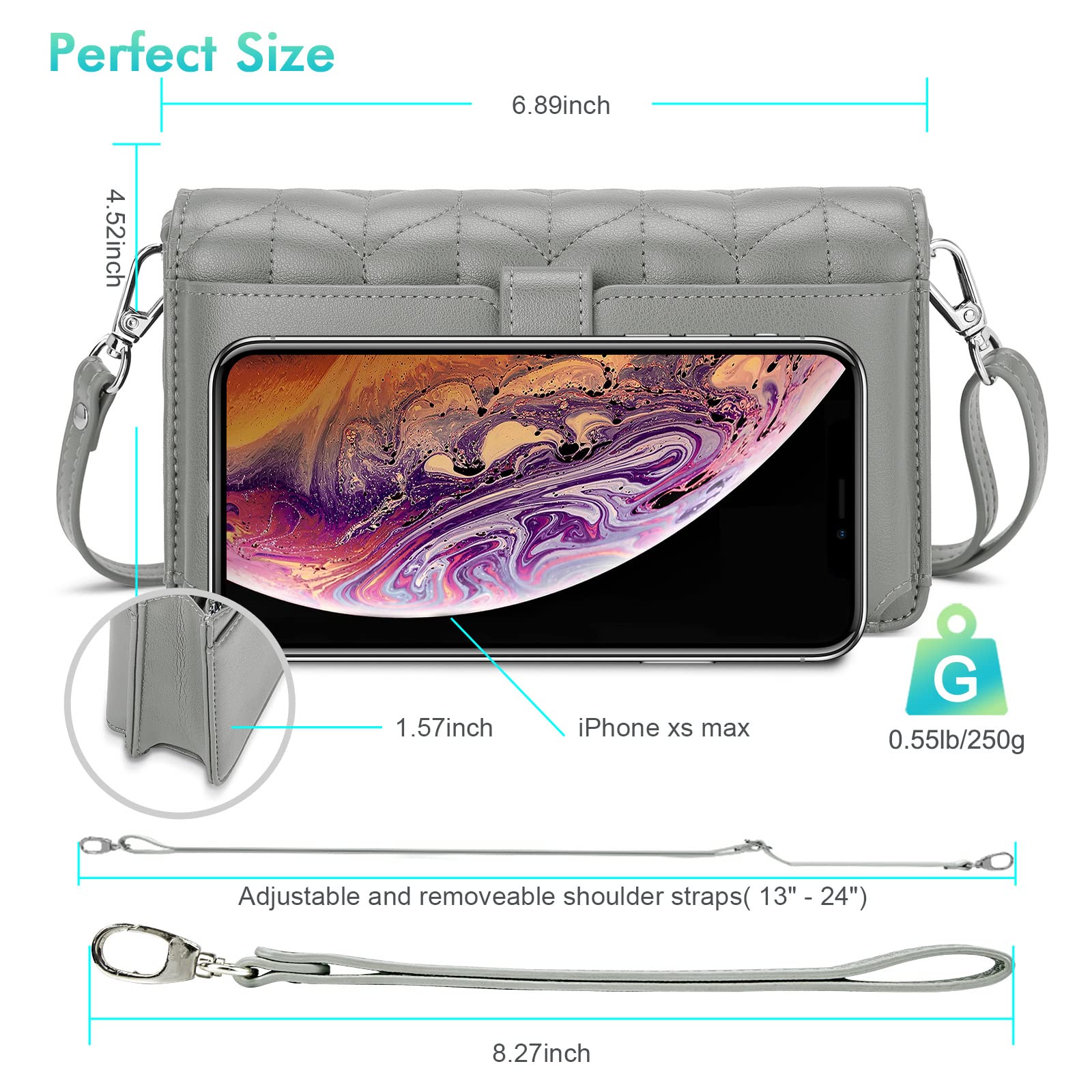 Nuoku Women's Small RFID Crossbody Bag with 2 Adjustable Straps - Phone Purse Wallet with Card Slots, Wristlet Handbag (Gray) - Perfect for Travel, Shopping & Everyday Use