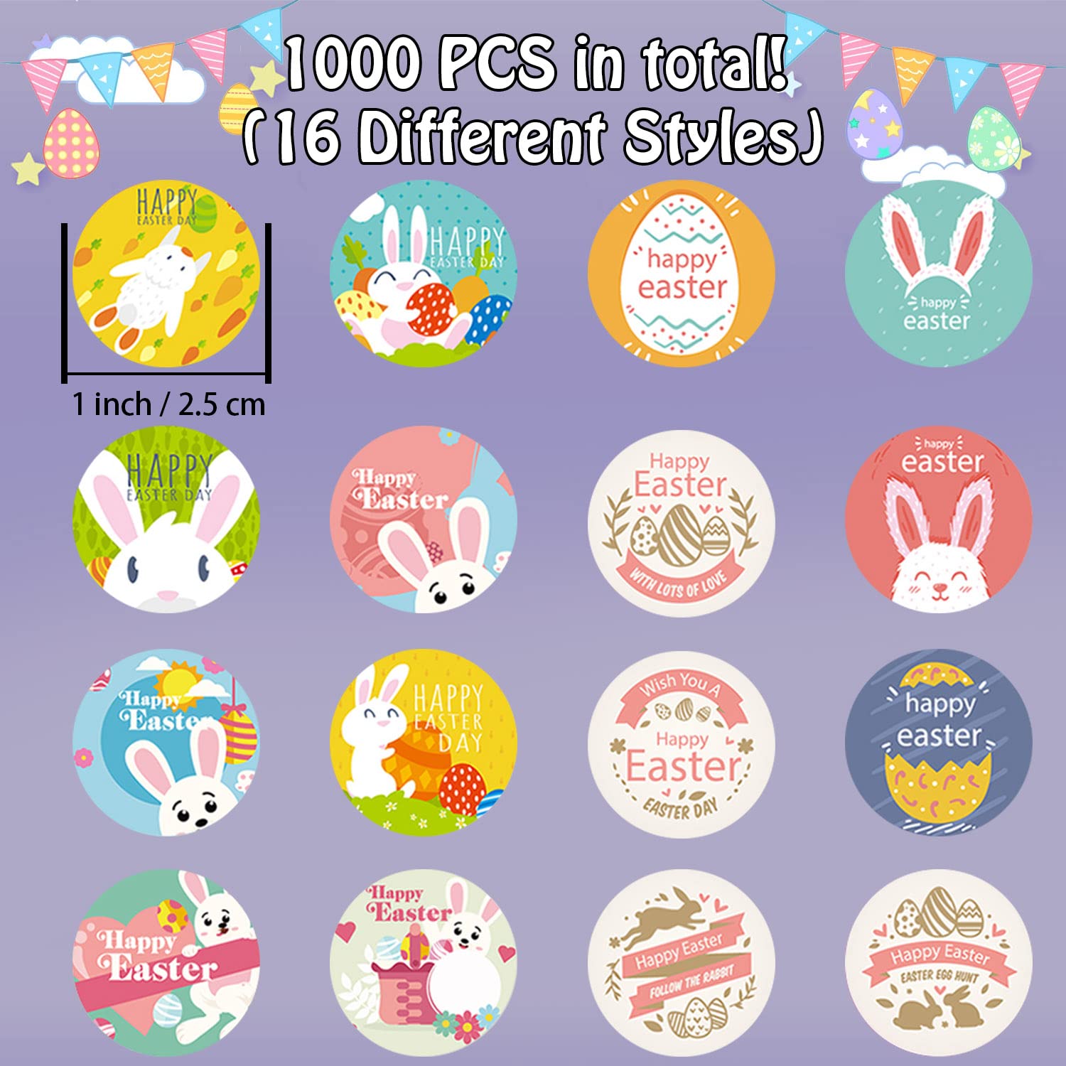 Partywind 1000 PCS Easter Stickers for Kids - Self Adhesive Sticker Roll with Easter Eggs, Bunnies & Spring Designs (16 Styles) - Perfect for Scrapbooking, Greeting Cards, DIY Crafts & Easter Party Decorations