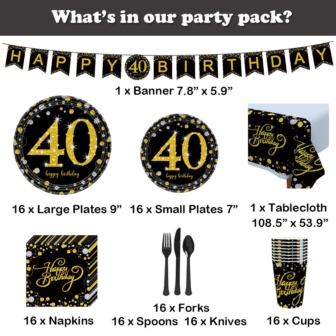 40th Birthday Party Supplies Set - Black and Gold Theme for 16 Guests - Disposable Tableware Kit Includes 40 Years Gold Paper Plates, 12 oz Cups, Banner, Napkins, Tablecloth, Cutlery (Spoons, Forks, Knives) - Perfect for Milestone Celebrations, Anniversaries & Retirement Parties