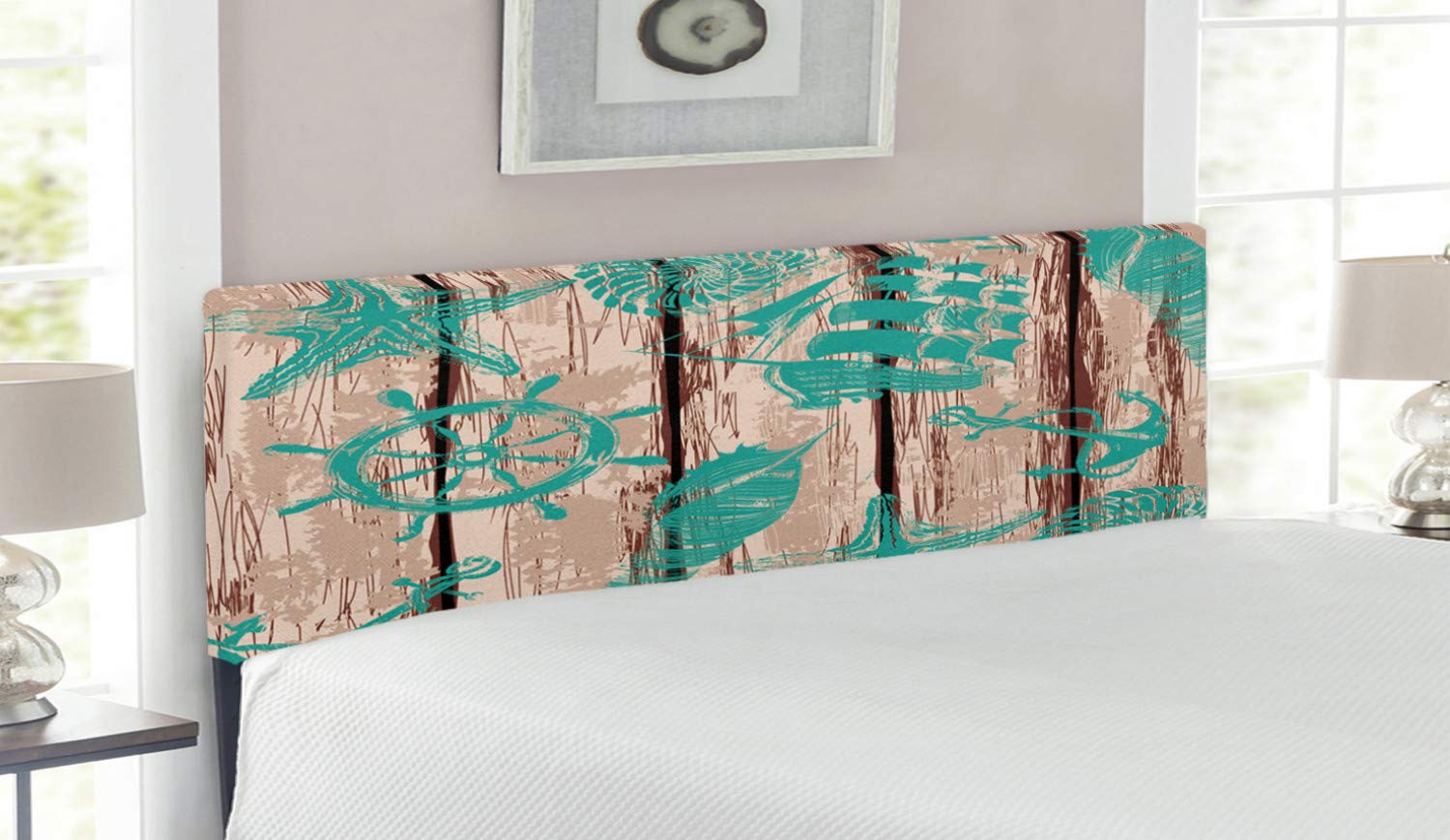Ambesonne Nautical Upholstered Queen Size Headboard - Marine Themed with Ship Wheel, Anchor, Shells & Starfish - Decorative Metal Bed Headboard with Memory Foam in Turquoise & Brown - Perfect for Coastal, Beach House or Nautical Bedroom Decor