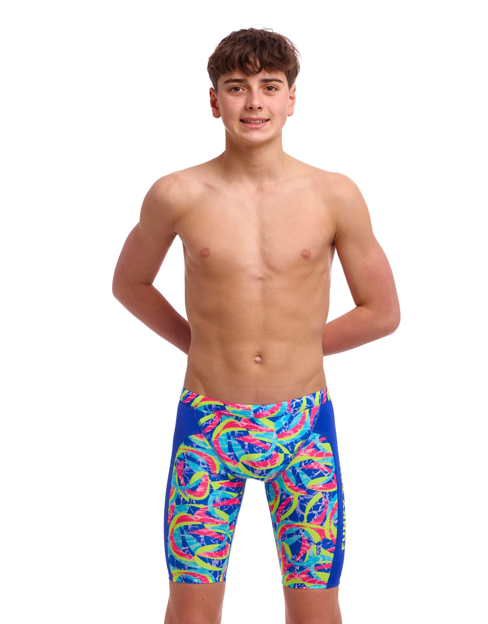 Boys Swim Training Jammer - Quick Dry Competitive Swimwear with UPF 50+ Sun Protection - Perfect for Swim Practice, Lessons & Water Sports (Blue/Multi)