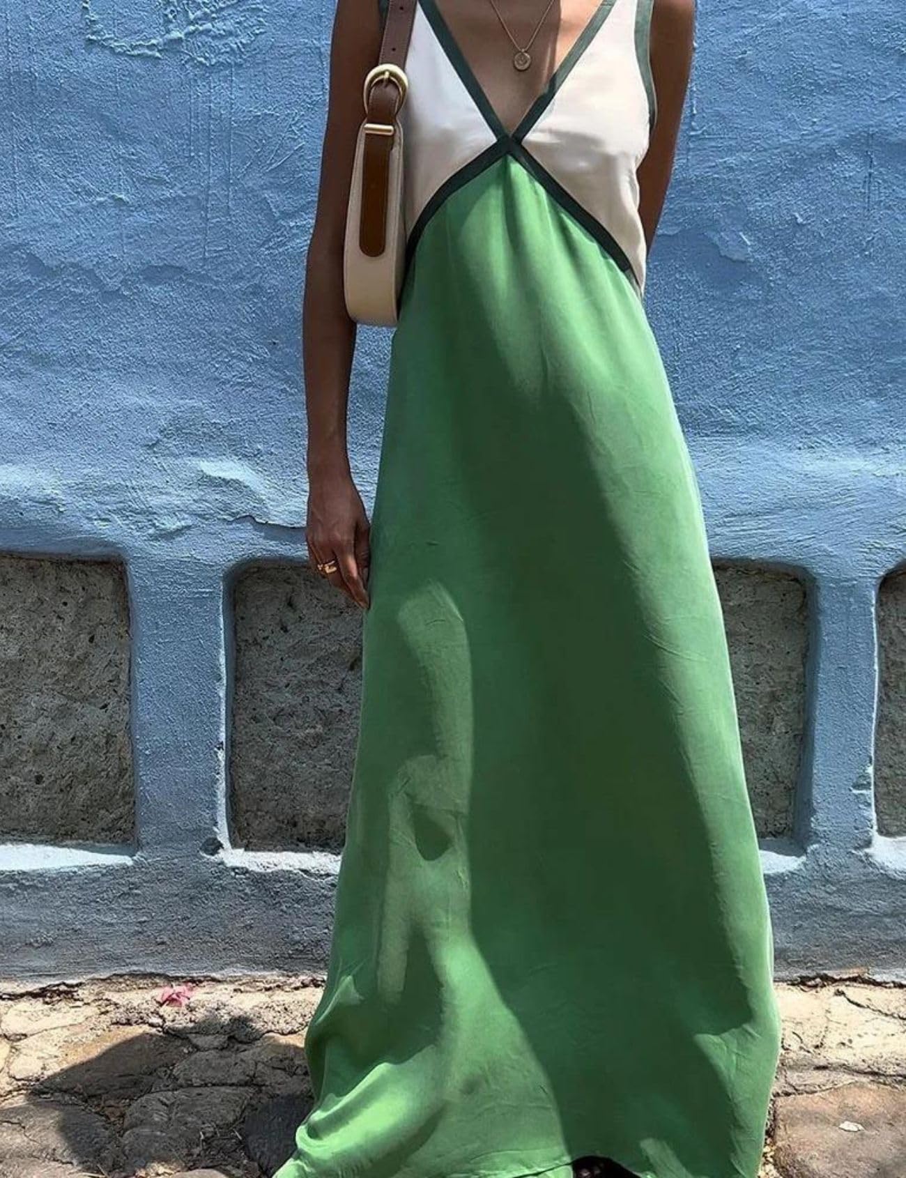 Women's Summer Color Block Satin Maxi Dress - Loose V-Neck Contrast Patchwork Flowy Beach Vacation Long Tank Dress for Pool Parties, Tropical Getaways & Casual Outings