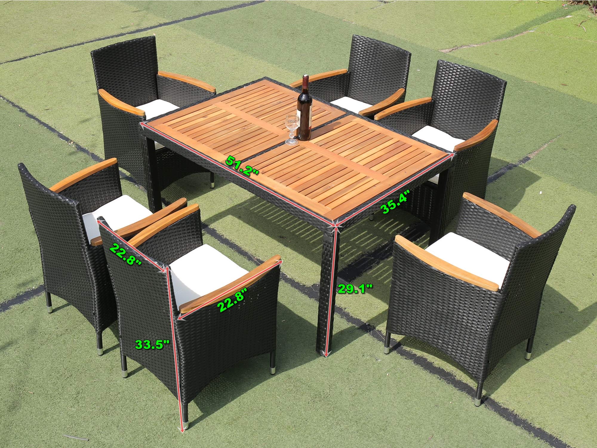 EMKK 7-Piece Patio Dining Set - Acacia Wood & Wicker Outdoor Furniture with Rectangular Table & 6 Cushioned Chairs - Perfect for Garden, Backyard, Poolside & Outdoor Entertaining