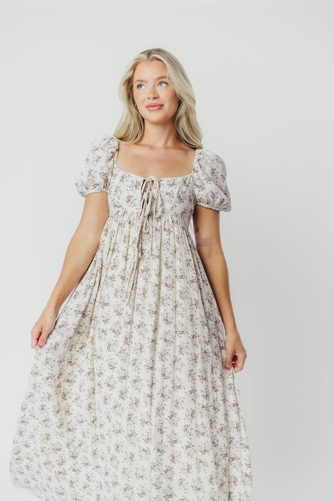 Haven 100% Cotton Tie Front Maxi Dress - Blue & Brown Floral Print - Bump Friendly Maternity Dress for Women - Perfect for Summer Beach Vacations, Date Nights & Baby Showers