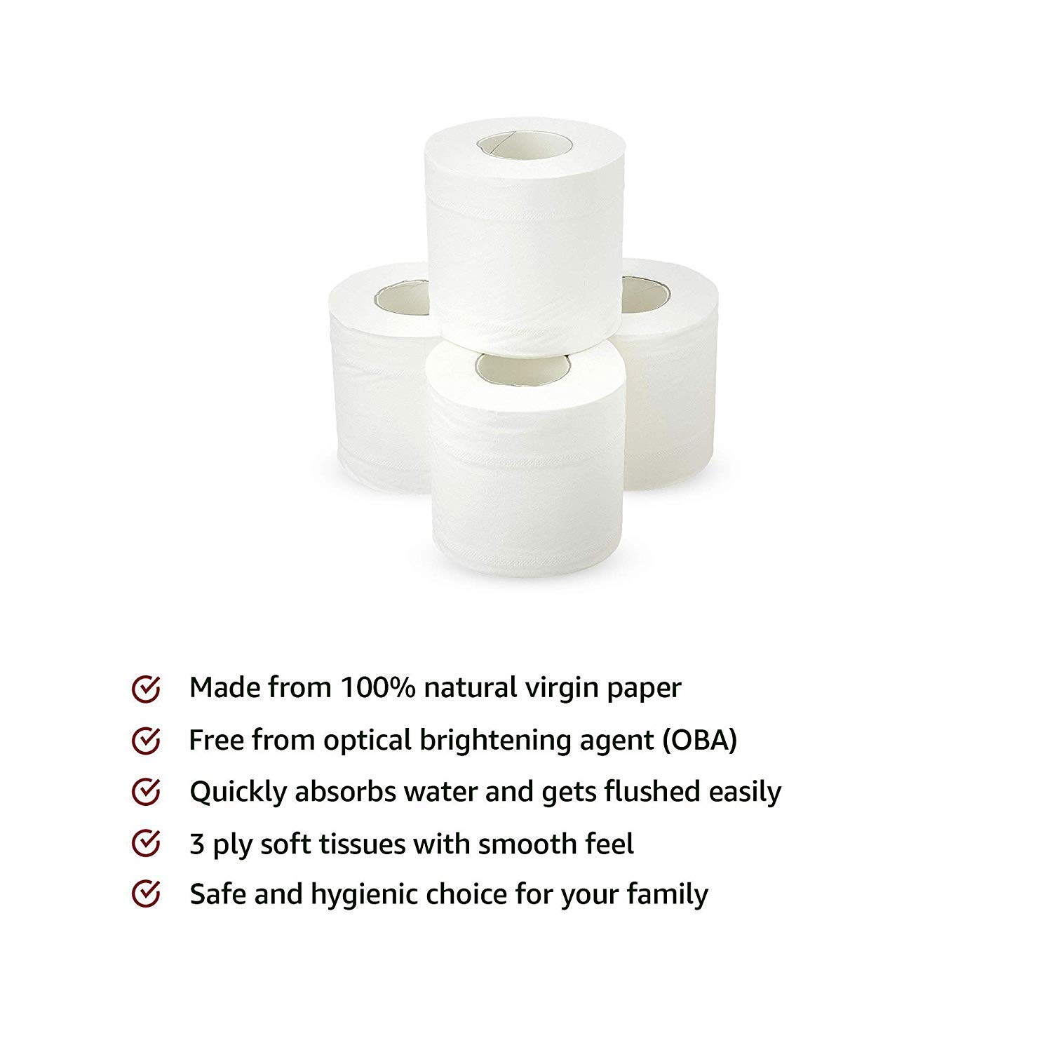 Solimo 3-Ply Toilet Paper Rolls, 1200 Sheets (4 Rolls x 300 Sheets) | Ultra Soft & Highly Absorbent | 100% Natural Virgin Cellulose Fiber | Perfect for Home, Office & Travel Use