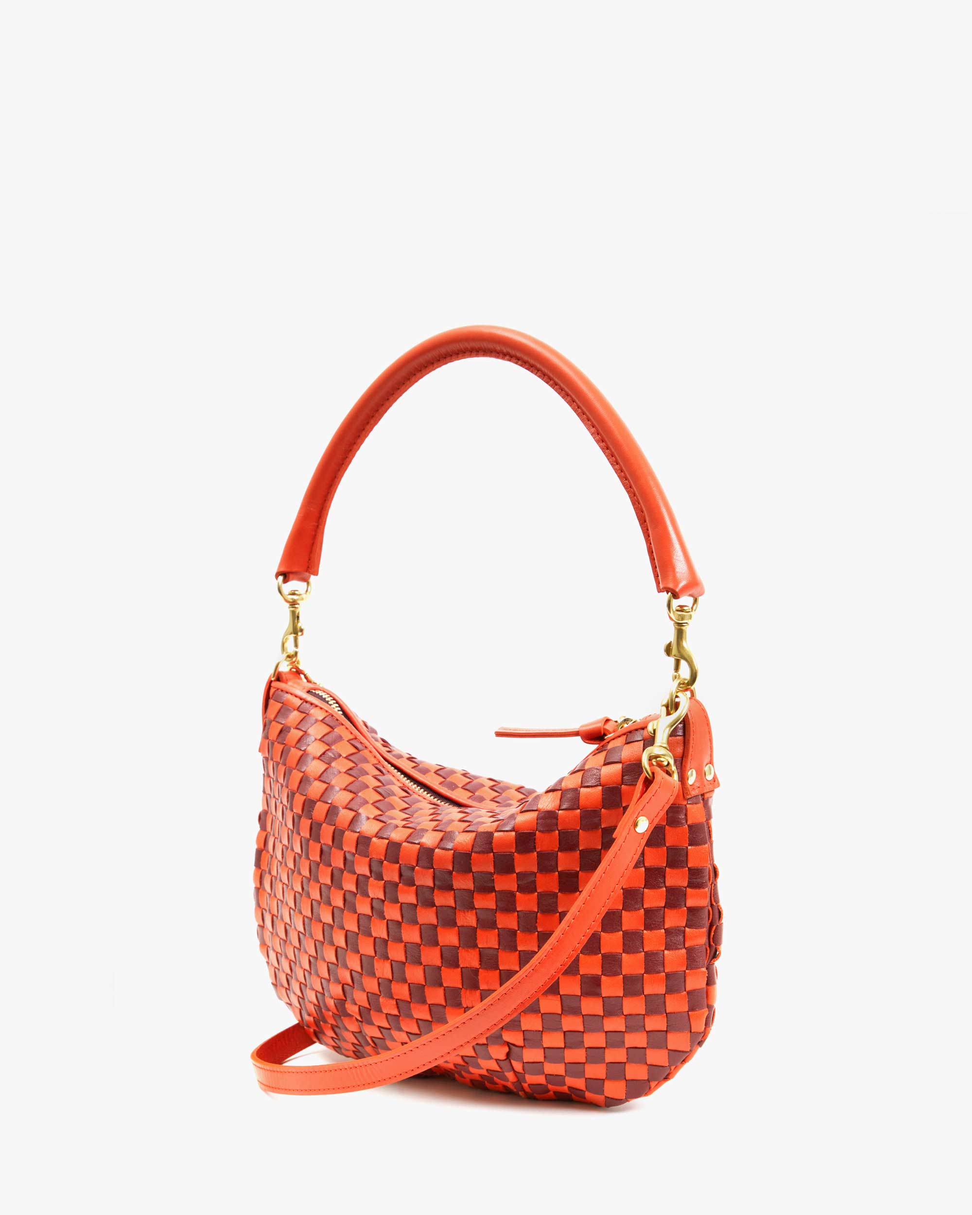 Petit Moyen Messenger Bag in Bright Poppy Bordeaux Woven Checker Pattern - Stylish Crossbody Purse for Women, Perfect for Work, Travel & Daily Use