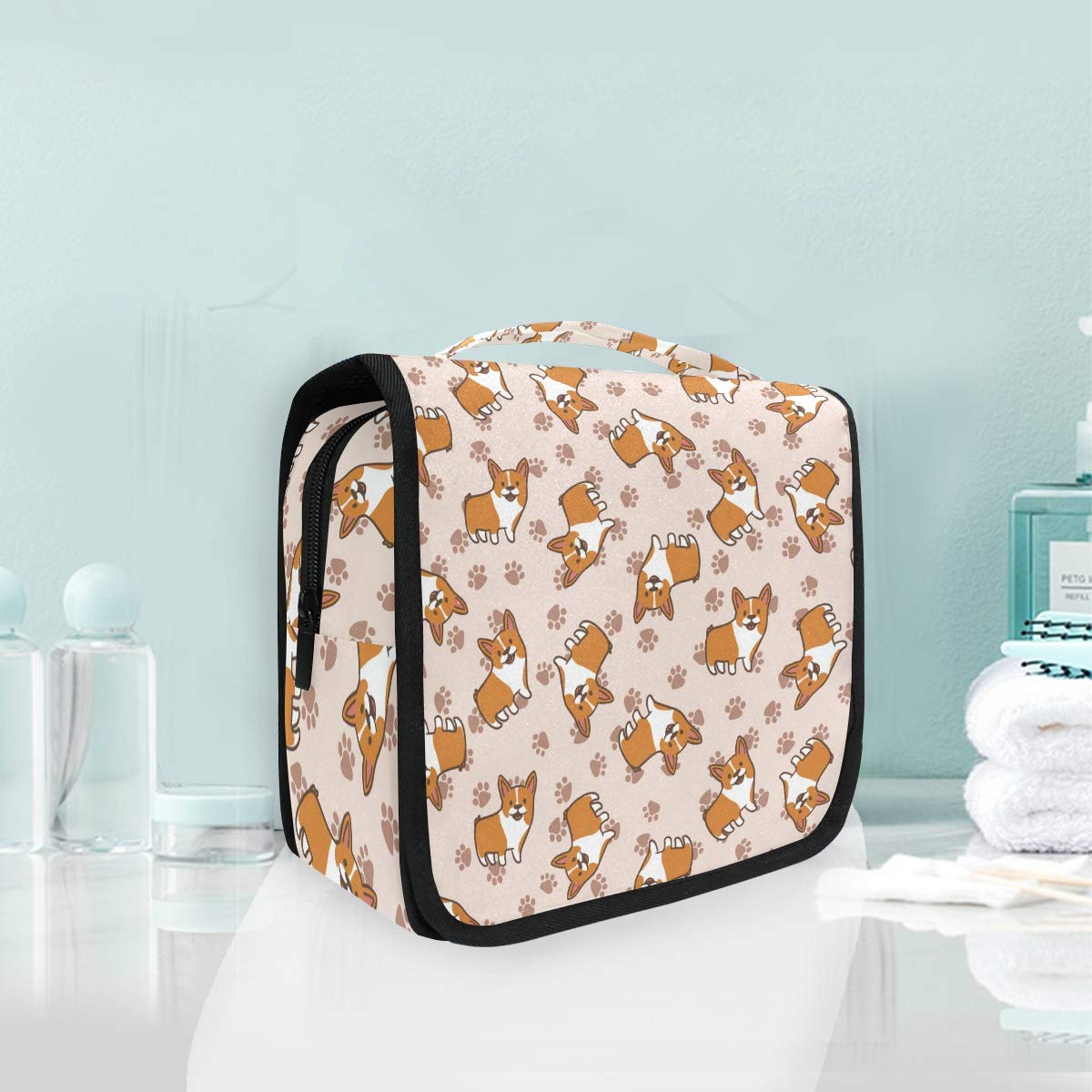 MOYYO Cute Cartoon Welsh Corgi Travel Hanging Toiletry Bag - Waterproof Cosmetic Makeup Organizer Pouch for Women & Girls - Perfect for Shower, Gym, Camping, and Vacation Trips