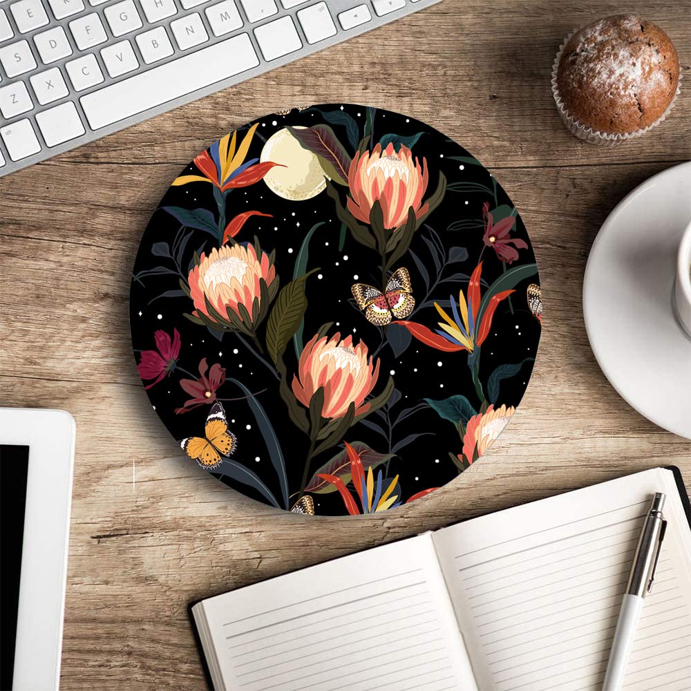 Round Floral Butterfly Mouse Pad - Non-Slip Rubber Base, Waterproof Office Computer Mouse Mat for Women | Cute Desk Accessory for Work & Gaming