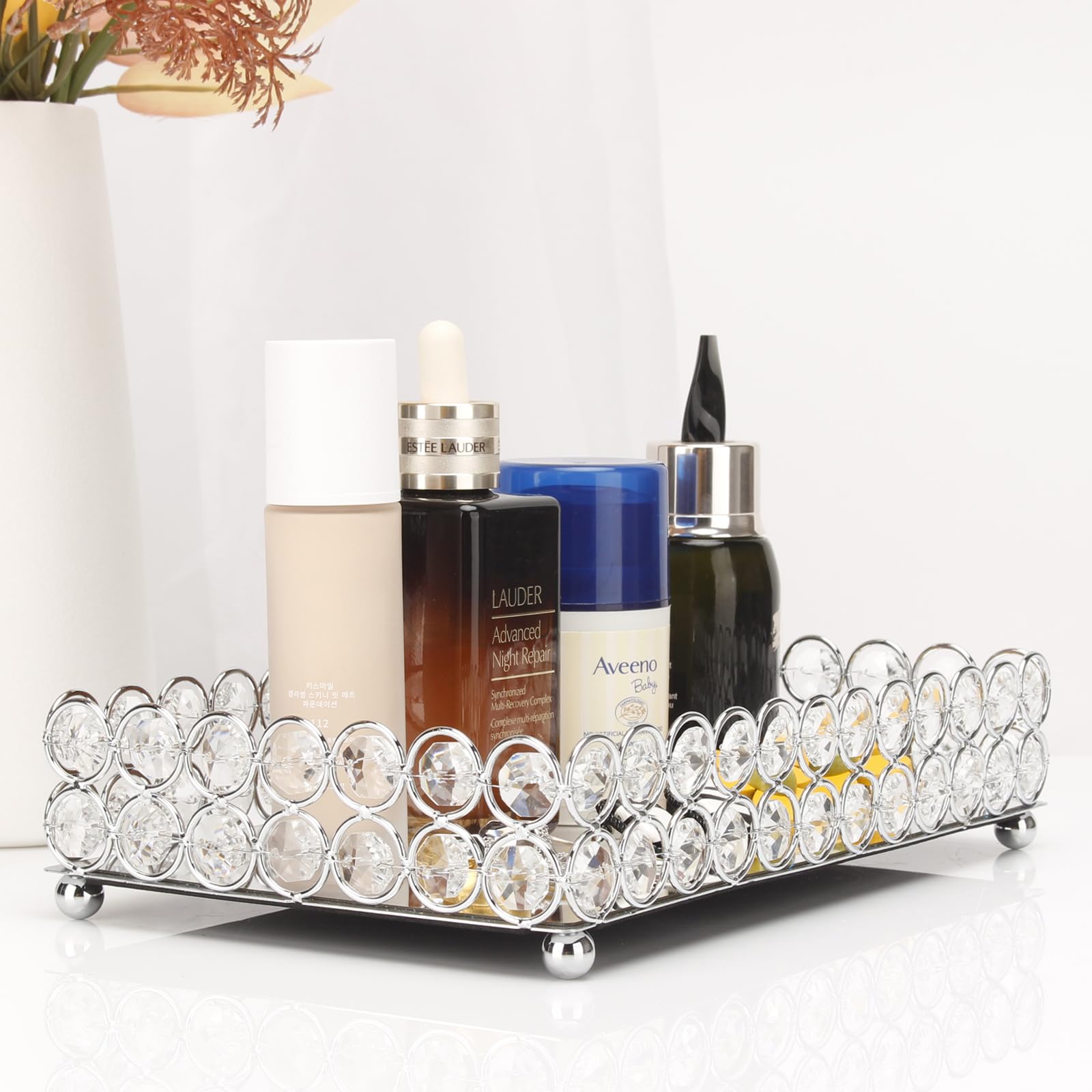 Elegant Silver Crystal Mirror Perfume Tray - Small Glass Vanity Tray for Jewelry, Makeup & Decor | Perfect for Dresser, Coffee Table & Bathroom Organization | Bandeja para Perfumes & Accesorios