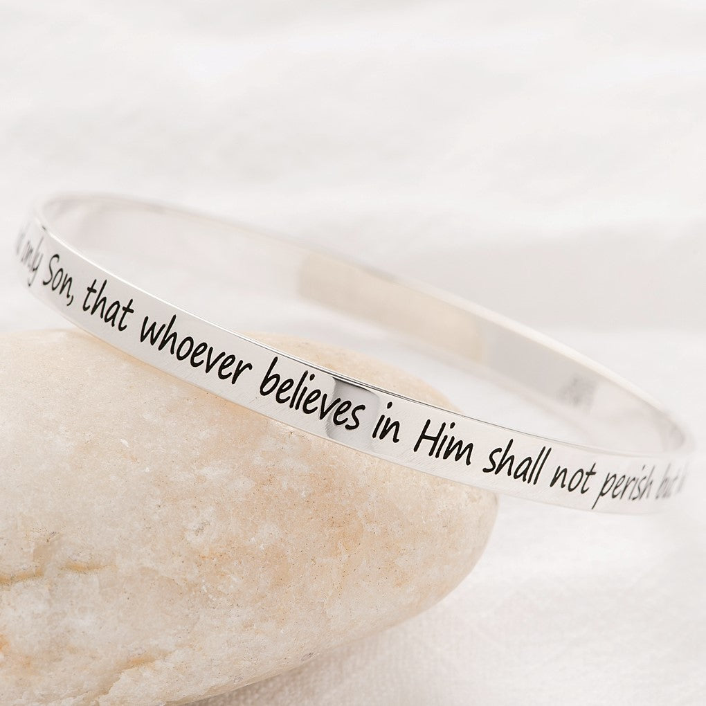 John 3:16 Sterling Silver Bangle Bracelet - Religious Christian Jewelry for Women - Perfect for Church, Bible Study & Daily Wear