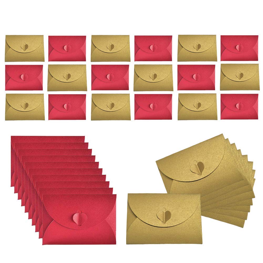 JOYISEN 50 PCS Mini Envelopes - Red & Gold Heart Clasp Envelopes for Gift Cards, Money, Invitations | Perfect for Christmas, Valentine's Day, Weddings & Party Favors | Elegant Small Envelopes for Gifts, Notes & Special Occasions