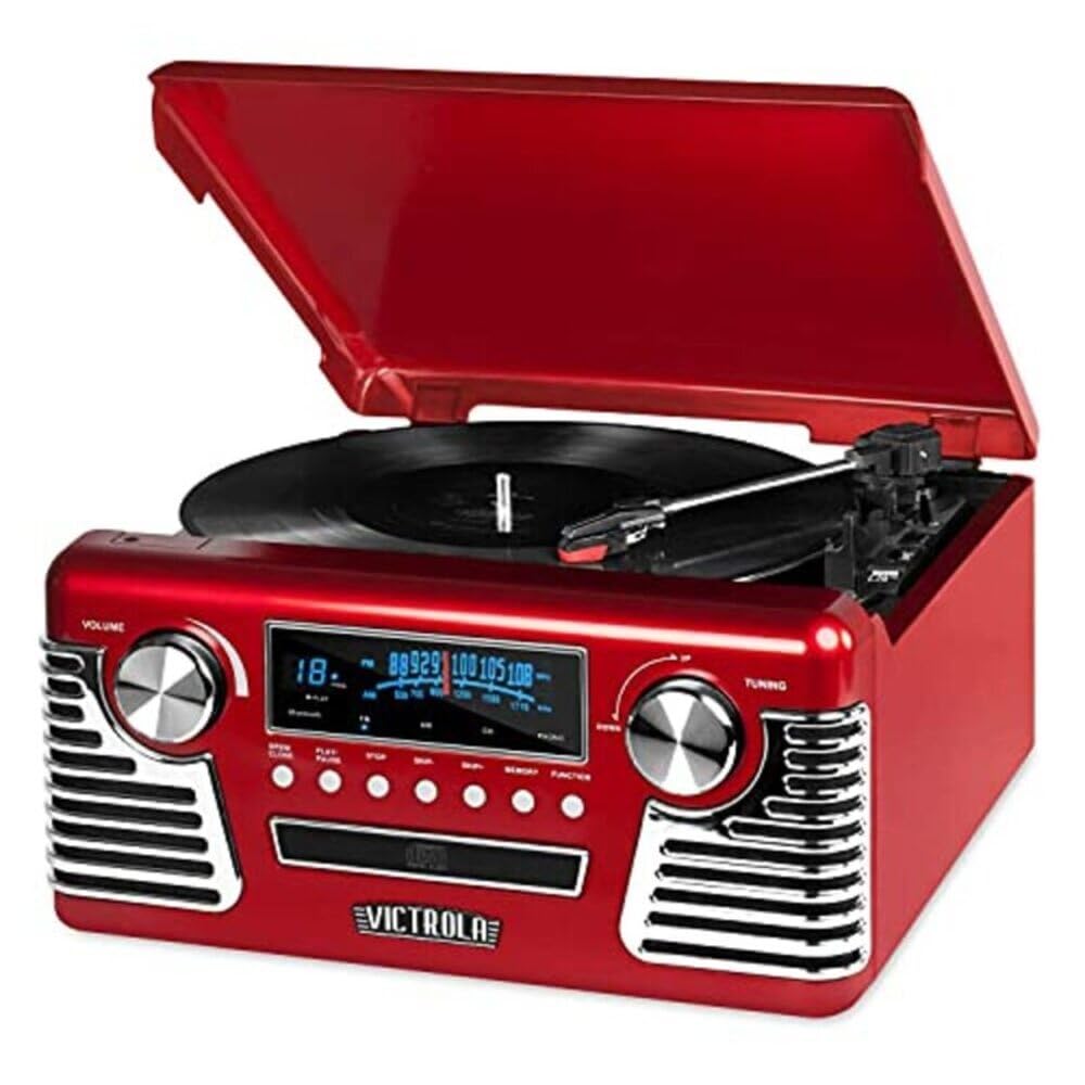 Victrola Vintage 50s Retro Bluetooth Record Player with Built-in Speakers - 3-Speed Turntable, CD Player, AM/FM Radio, Wireless Streaming | Perfect for Home, Office & Retro Music Lovers (Red)