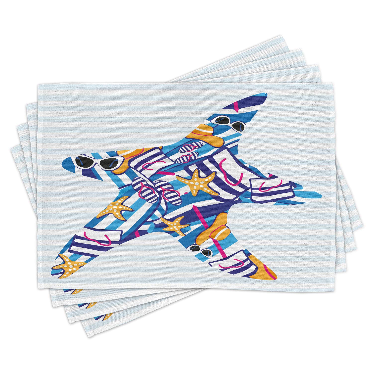 Ambesonne Starfish Place Mats Set of 4 - Cartoon Style Summer Vacation Themed Washable Fabric Placemats for Dining Table & Kitchen Decor - Multicolor Striped Design - Perfect for Beach House, Coastal Dining & Summer Party Decorations