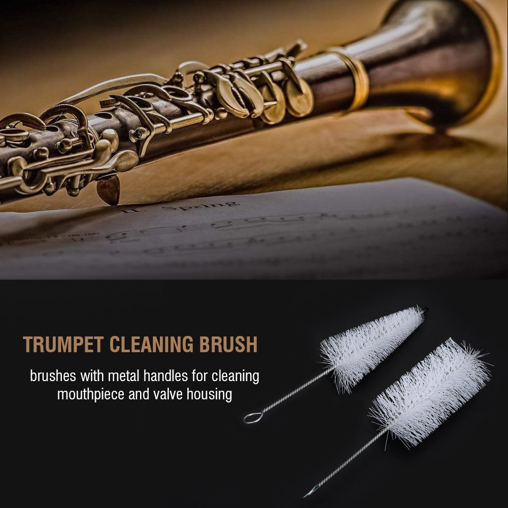 **4-Piece Trumpet Cleaning Kit - Mouthpiece Brush, Valve Brush, Flexible Brush & Cleaning Cloth for Professional Trumpet Maintenance & Care**    *(Perfect for Musicians, Band Students & Trumpet Players - Keep Your Instrument Clean & Shiny!)*