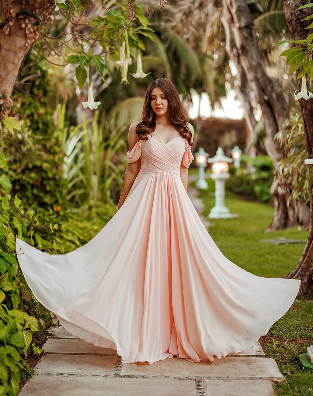 Elegant Off-The-Shoulder V-Neck Chiffon Bridesmaid Dress - Long Formal Evening Gown for Weddings, Parties & Special Occasions