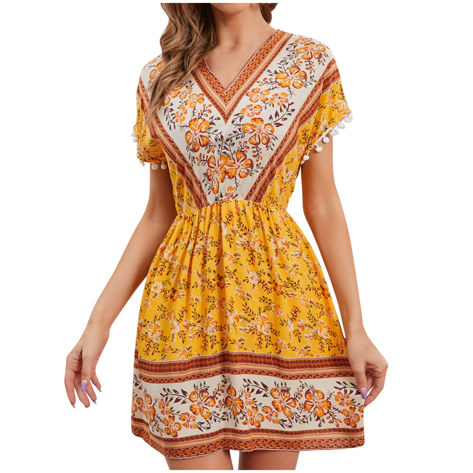 Women's Summer Dresses 2022 - Bohemian Floral Print Short Sleeve Maxi Dress with Pockets | Casual Loose Fit Sexy Long Dress for Beach, Vacation & Outdoor Parties
