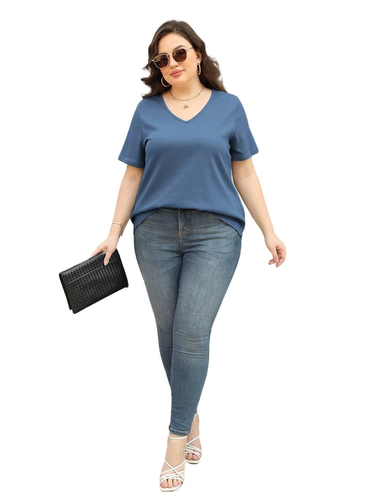 DOLNINE Plus Size Tops for Women - Summer Casual V Neck Short Sleeve T-Shirts, Waffle Knit Tunics for Work, Travel & Everyday Wear