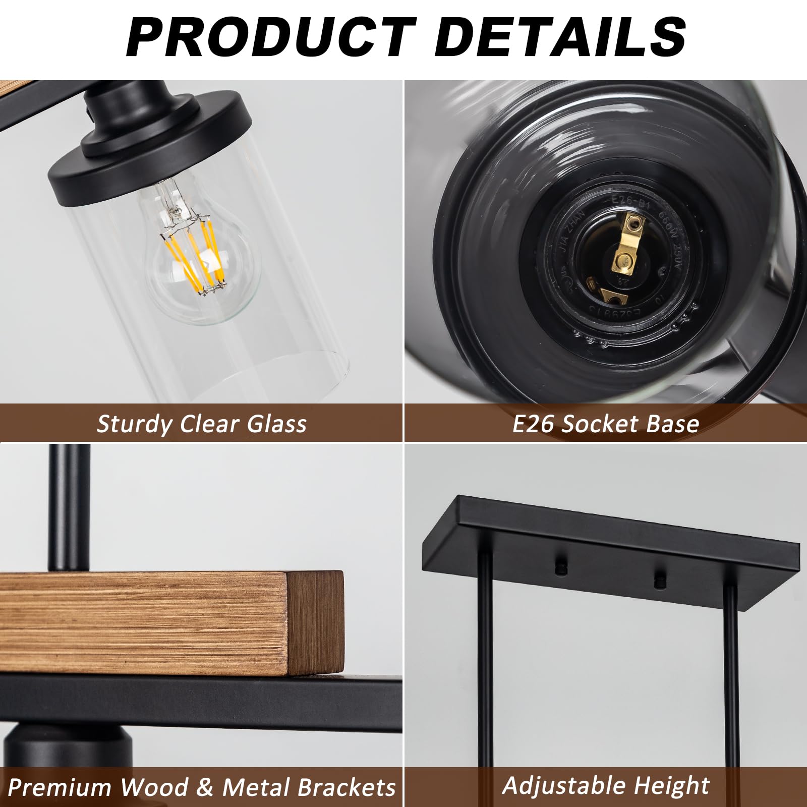 Farmhouse 4-Light Wood Chandelier - Adjustable Height Kitchen Island Pendant Lighting, Modern Industrial Black Ceiling Fixture for Dining Room & Living Room | Perfect Over Table, Breakfast Bar or Open Concept Spaces