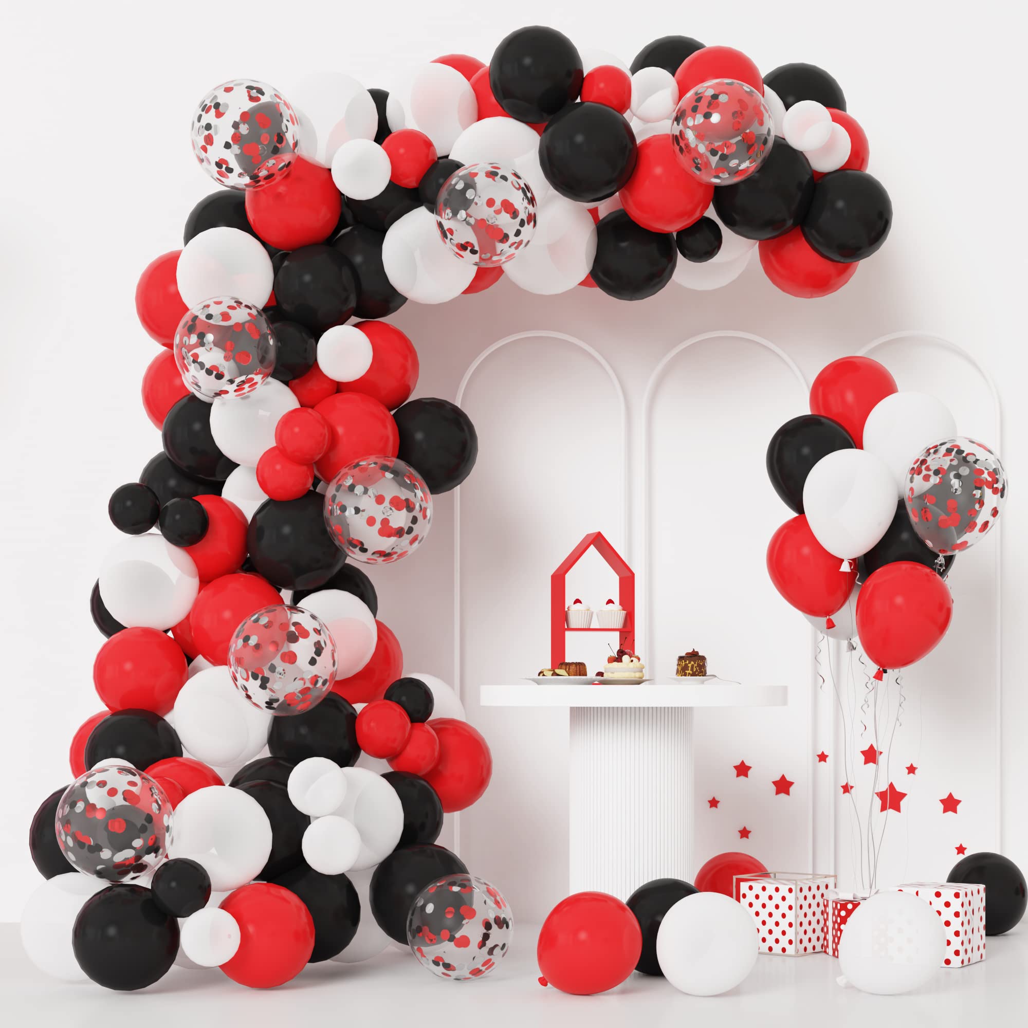RUBFAC 133pcs Red Black White Balloons Garland Arch Kit - Confetti Balloons for Birthday, Graduation, Baby Shower, Racing Car & Poker Theme Party Decorations - Perfect for Indoor & Outdoor Celebrations
