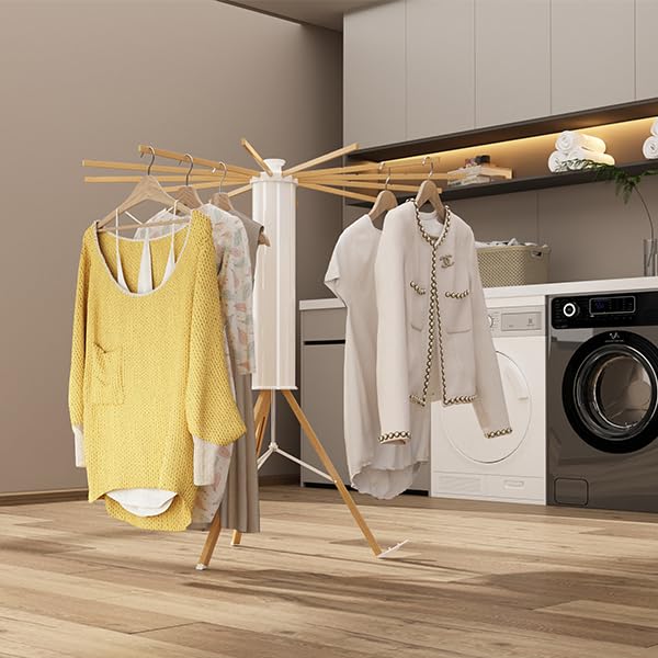 Portable Foldable Tripod Drying Rack with 12 Wooden Arms - Collapsible Standing Laundry Hanger for Clothes, Towels & Delicates | Perfect for Laundry Room, Balcony, Bedroom, RV & Travel Use