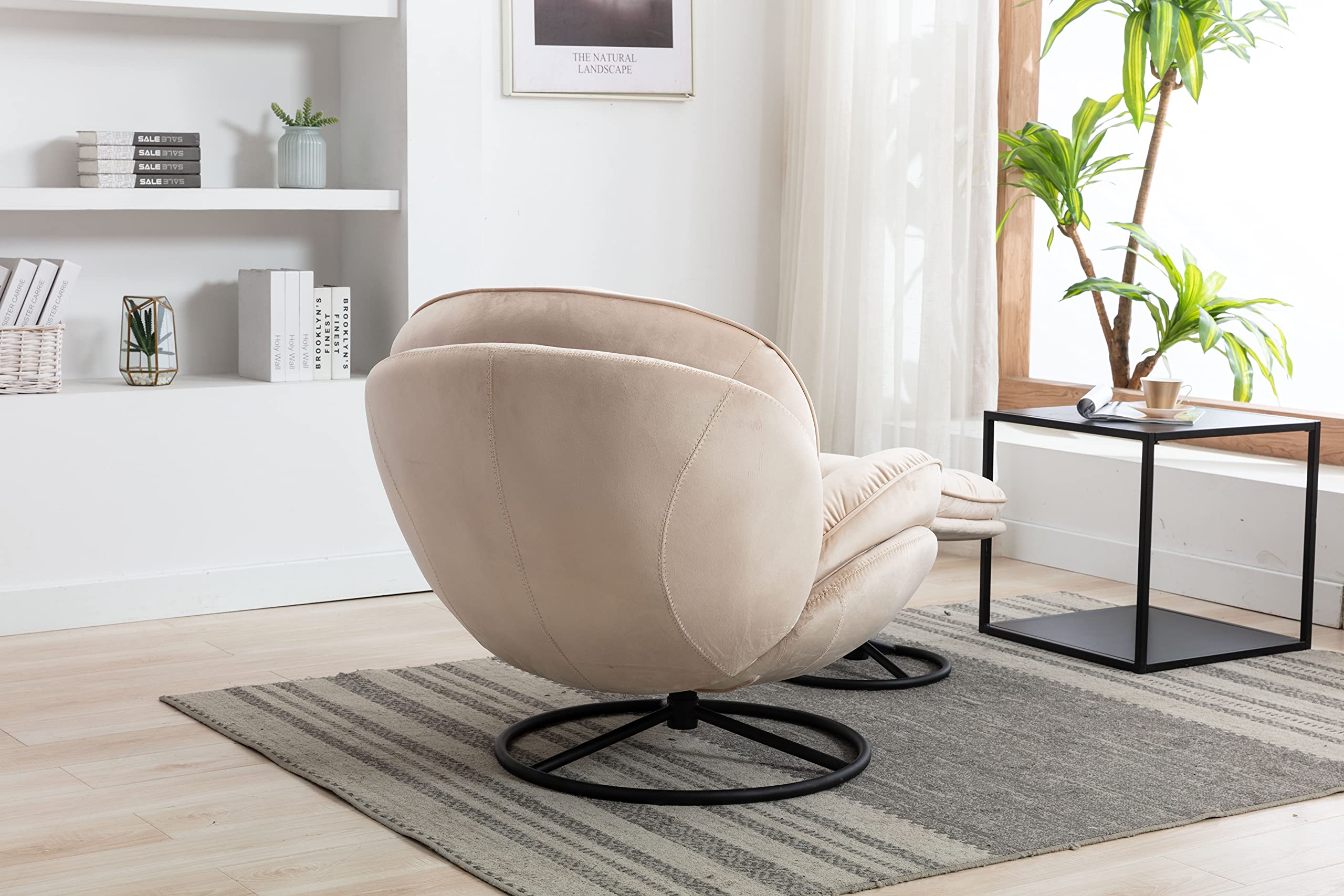 Velvet Swivel Accent Chair with Ottoman - Cozy Lounge Chair for Living Room, Bedroom & Reading Room - Modern Upholstered Lazy Sofa & Chase Lounger - Perfect for Relaxing, Watching TV & Reading (Beige)