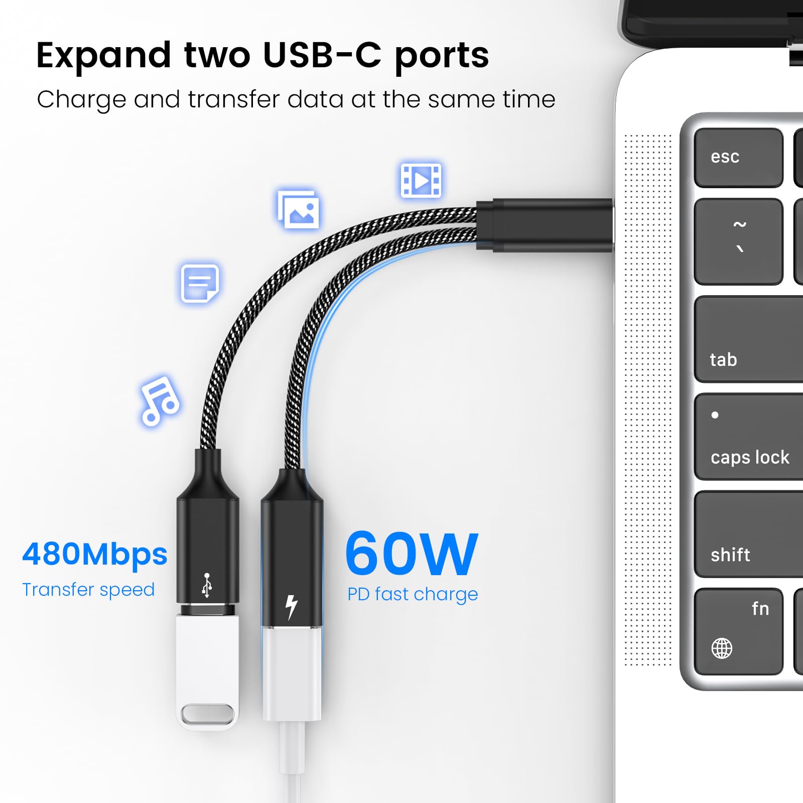 USB C Splitter Cable - USB C Male to 2 USB C Female Adapter - Dual Port USB C Hub for Charging & Data Transfer - Compatible with MacBook, Xbox One, PS5, Laptop - Perfect for Gaming, Work & Multi-Device Charging