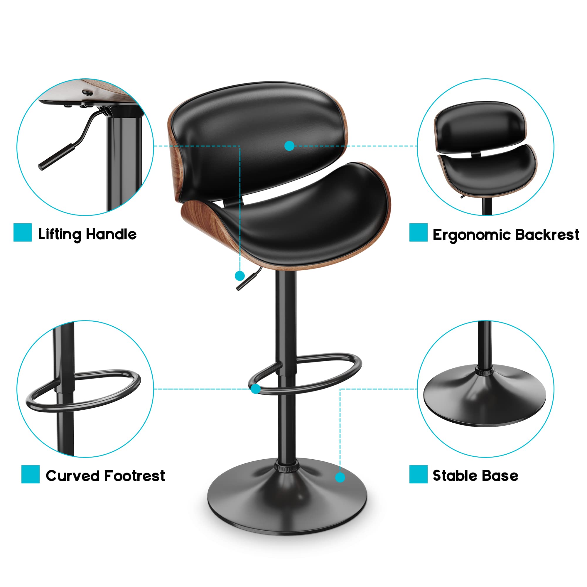 ONME Adjustable Height Swivel Bar Stools Set of 2 - PU Leather Upholstered Counter Stools with Back Support & Footrest - Modern Bar Chairs for Kitchen Island, Home Bar, Dining Room & Breakfast Nook - Dark Black