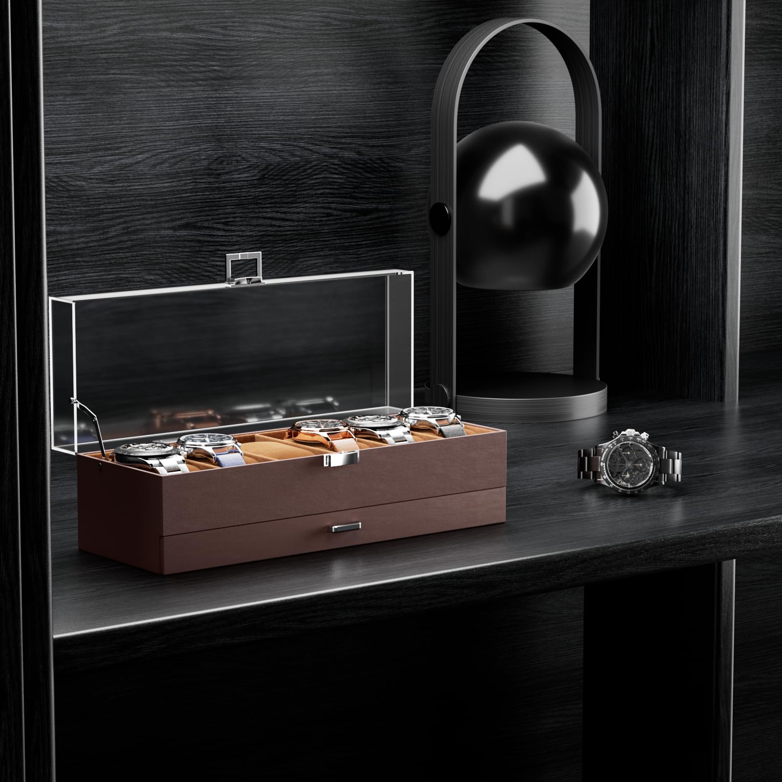 ProCase 6-Slot Watch Display Case with Clear Acrylic Lid - 2-Layer Jewelry & Watch Storage Organizer with Drawer - Perfect Gift for Men & Women - Ideal for Watch Collectors, Travel & Home Decor (Espresso)