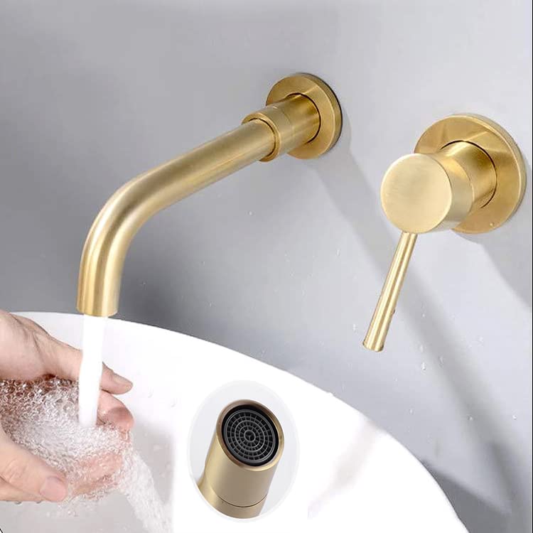 SHAUNI Brushed Gold Wall Mounted Bathroom Faucet - Single Handle Brass Vessel Sink Faucet with 360° Swivel Spout for Modern Bathroom & Powder Room Renovation