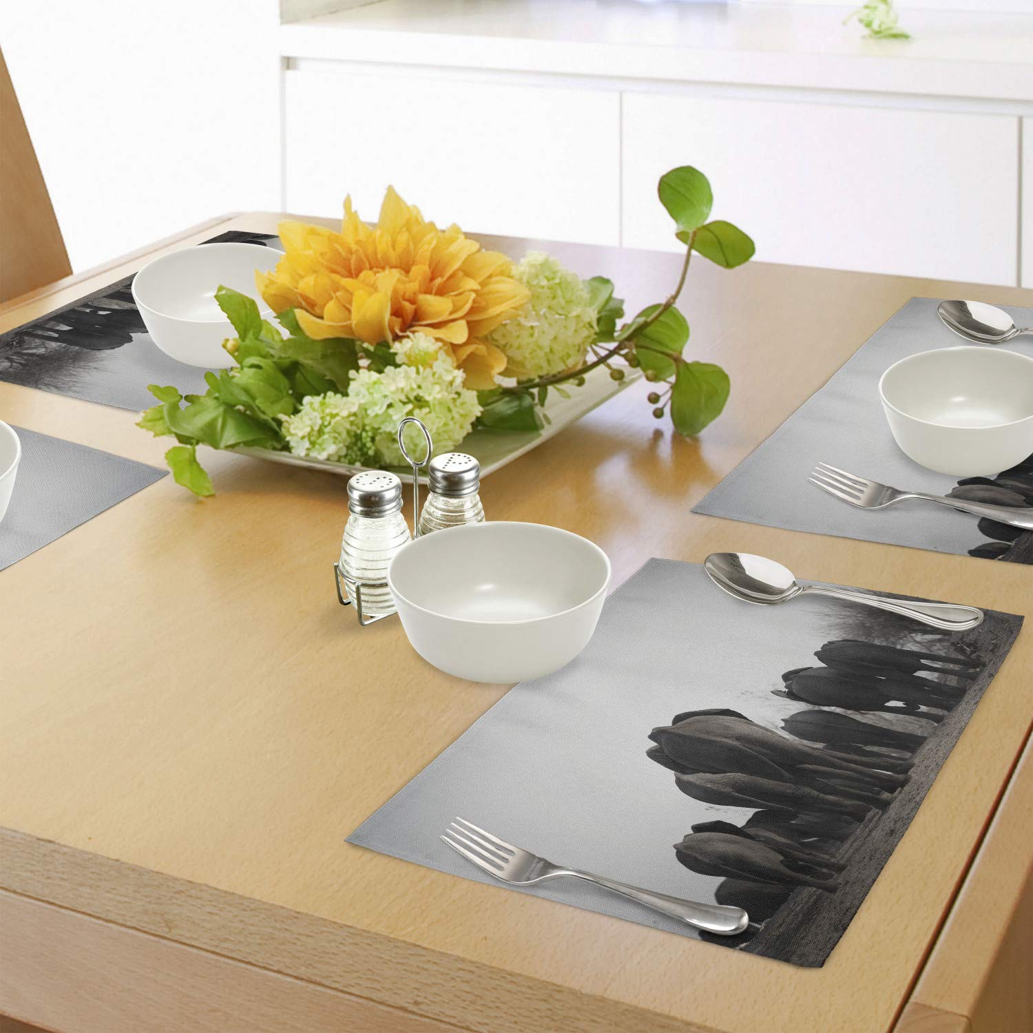 Ambesonne 4-Pack Animal Placemats - Tropical Wildlife Savannah Theme with Herd Walking by River Photo - Washable Fabric Dining Table Mats - Standard Size Grey for Home Kitchen & Party Decor